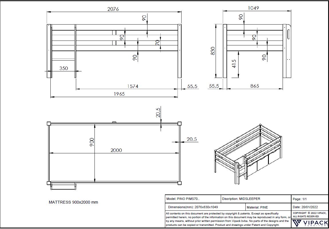 Lit mi-hauteur Pip avec 3 tiroirs 90 x 200 bois de pin - blanc - Image 2