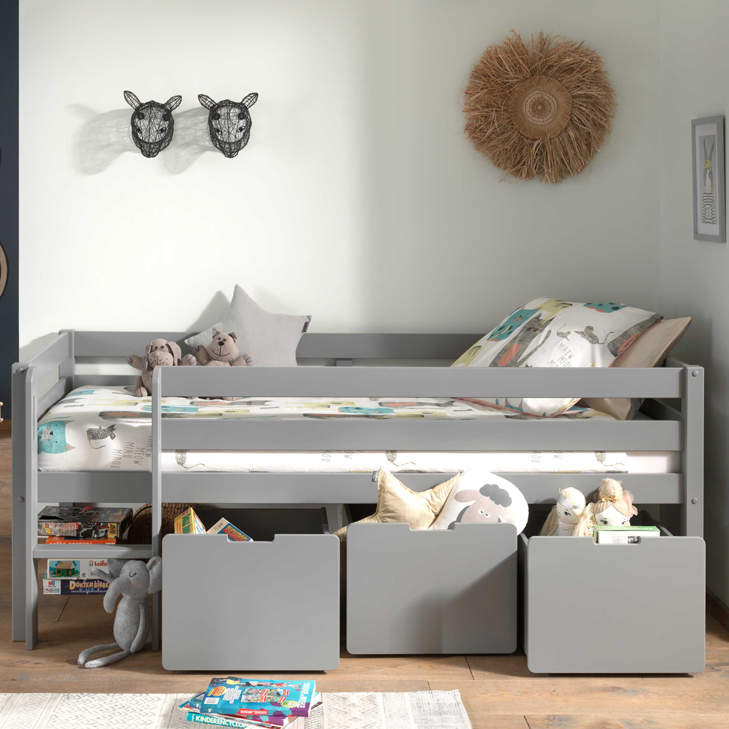 Lit mi-hauteur Pip avec 3 tiroirs 90 x 200 bois de pin - gris