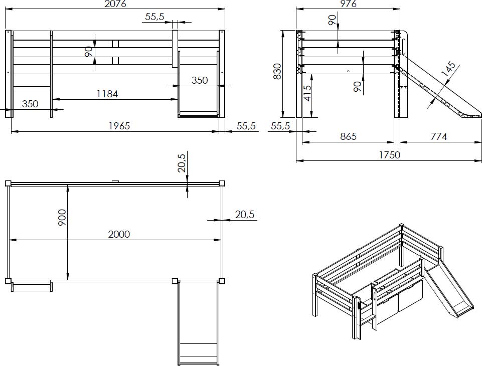 Lit mi-hauteur Pip avec toboggan 90 x 200 bois de pin - blanc - Image 2