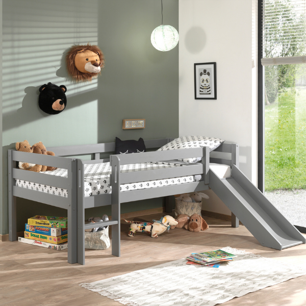 Lit mi-hauteur Pip avec toboggan 90 x 200 bois de pin - gris