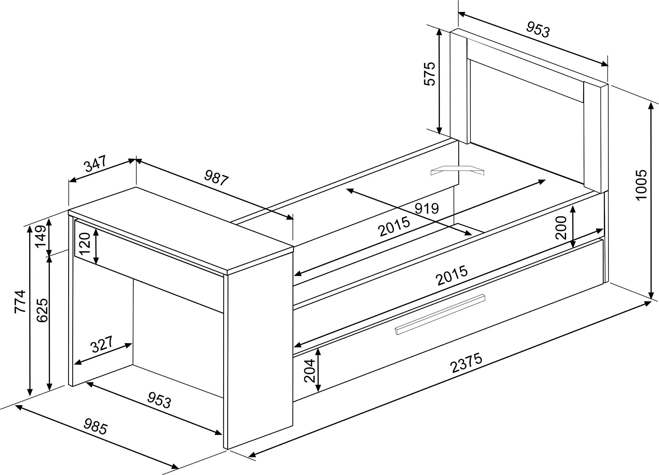 Lit Shipley 90x200 avec bureau et tiroir de lit - pin/blanc - Image 2