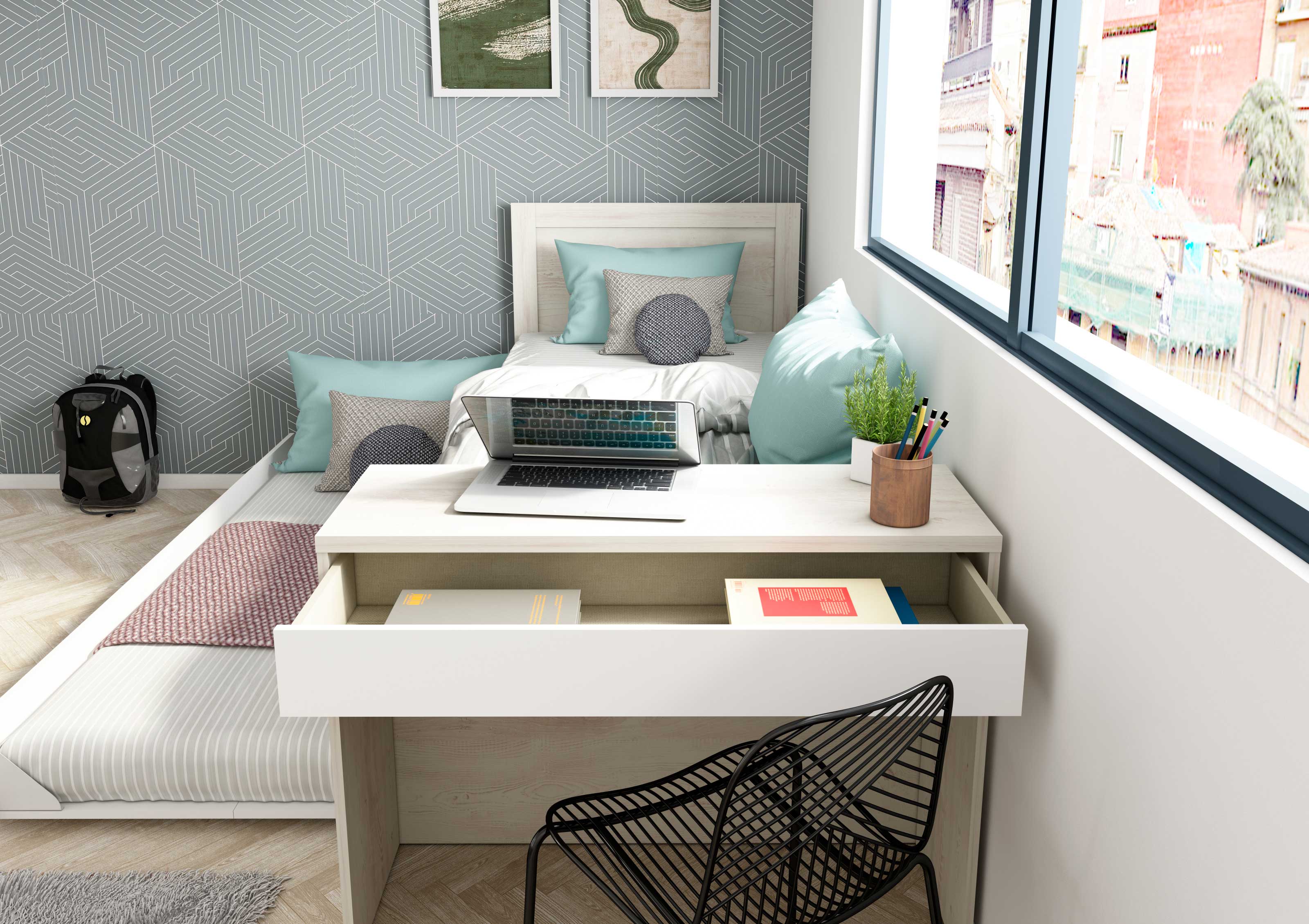 Lit Shipley 90x200 avec bureau et tiroir de lit - pin/blanc - Image 9