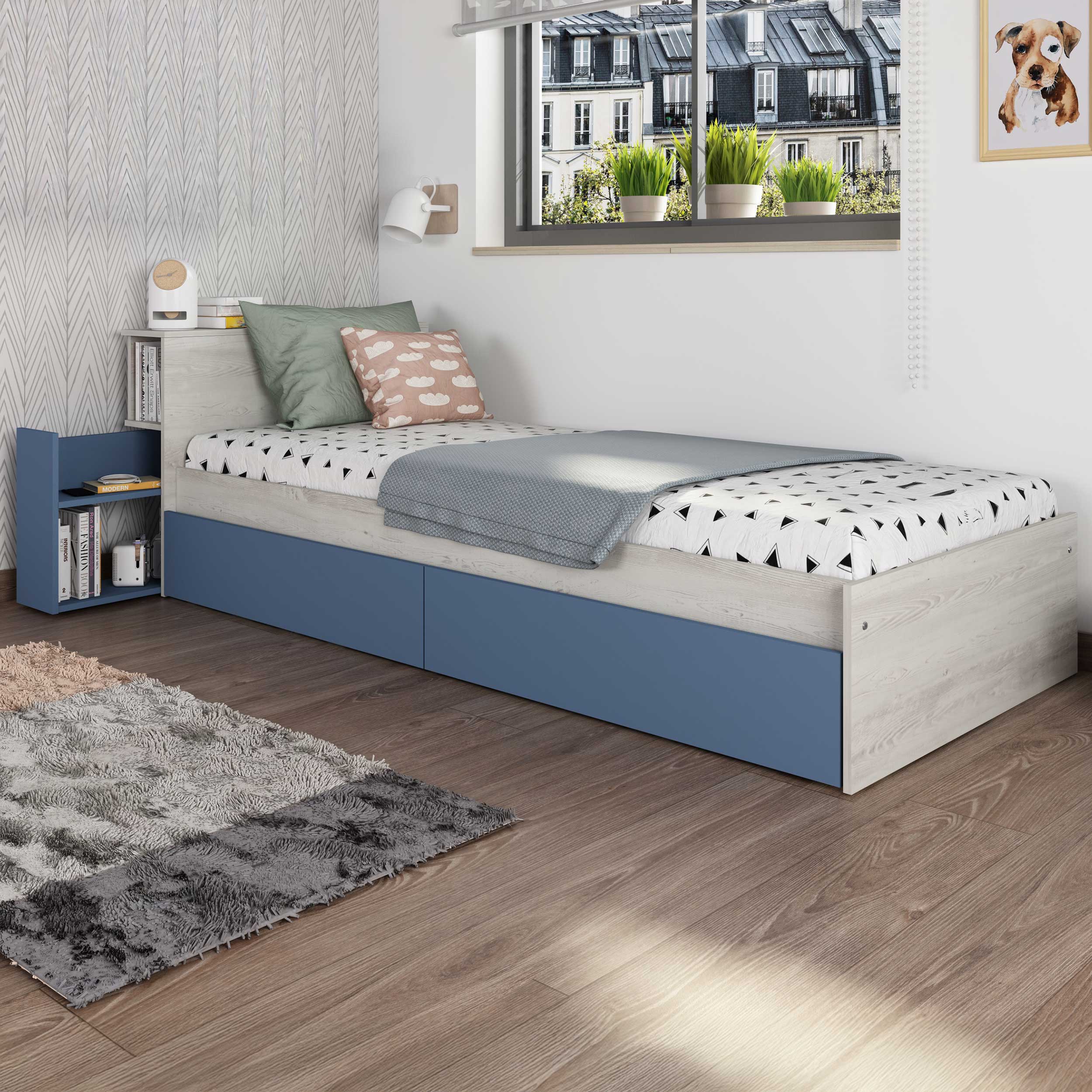 Lit simple Kazim 90x200 avec espaces de rangement - bleu foncé