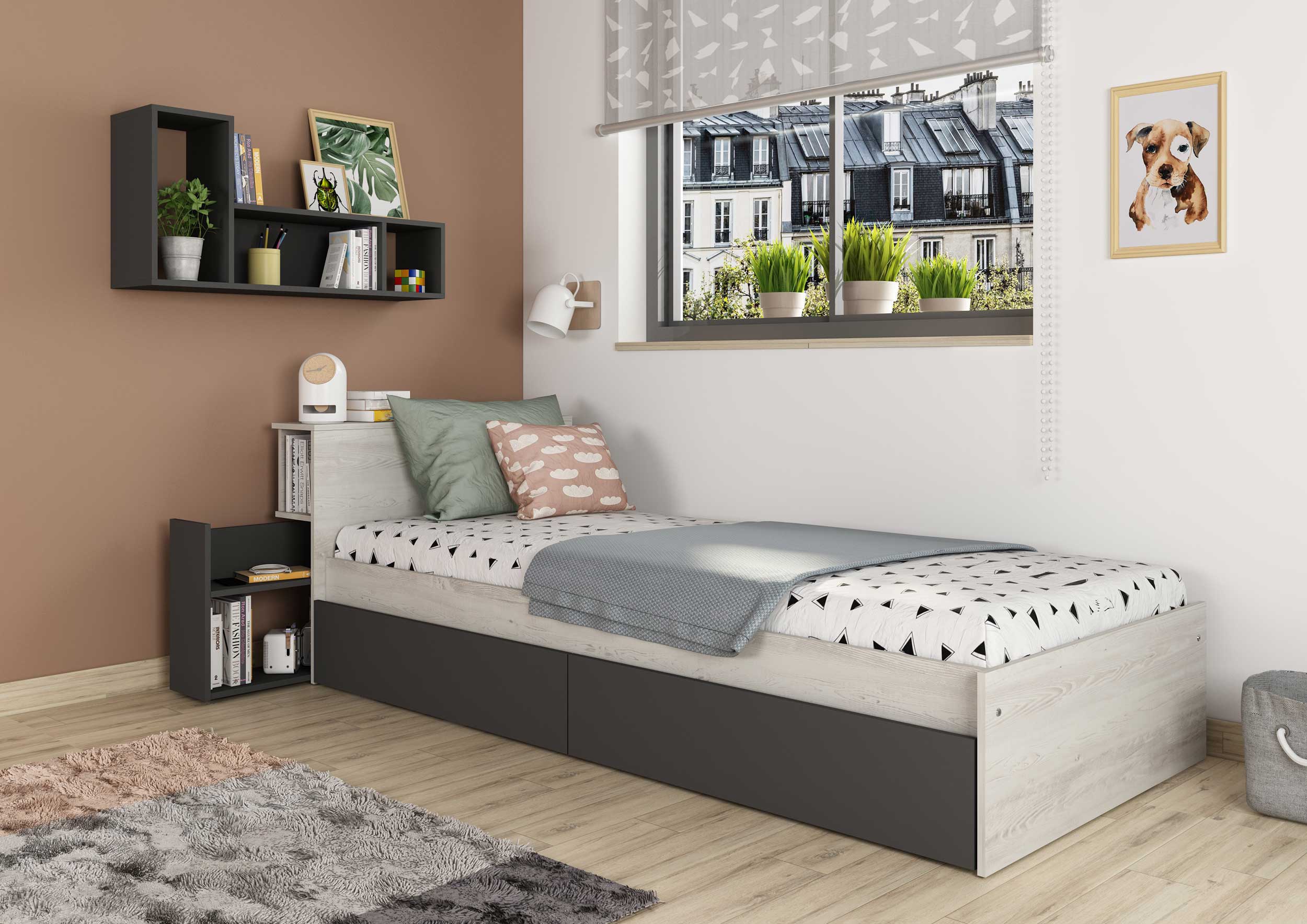 Lit simple Kazim 90x200 avec espaces de rangement - gris - Image 3
