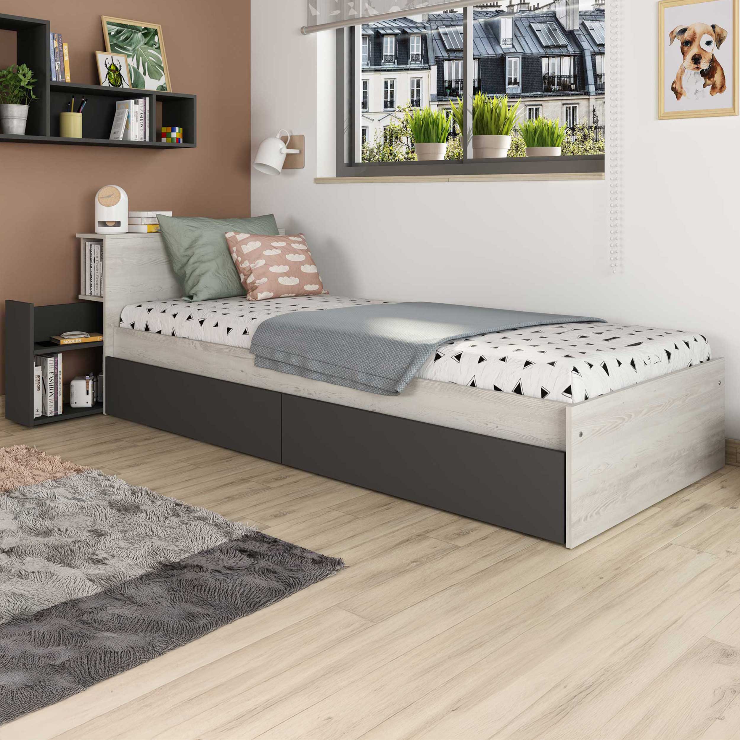 Lit simple Kazim 90x200 avec espaces de rangement - gris