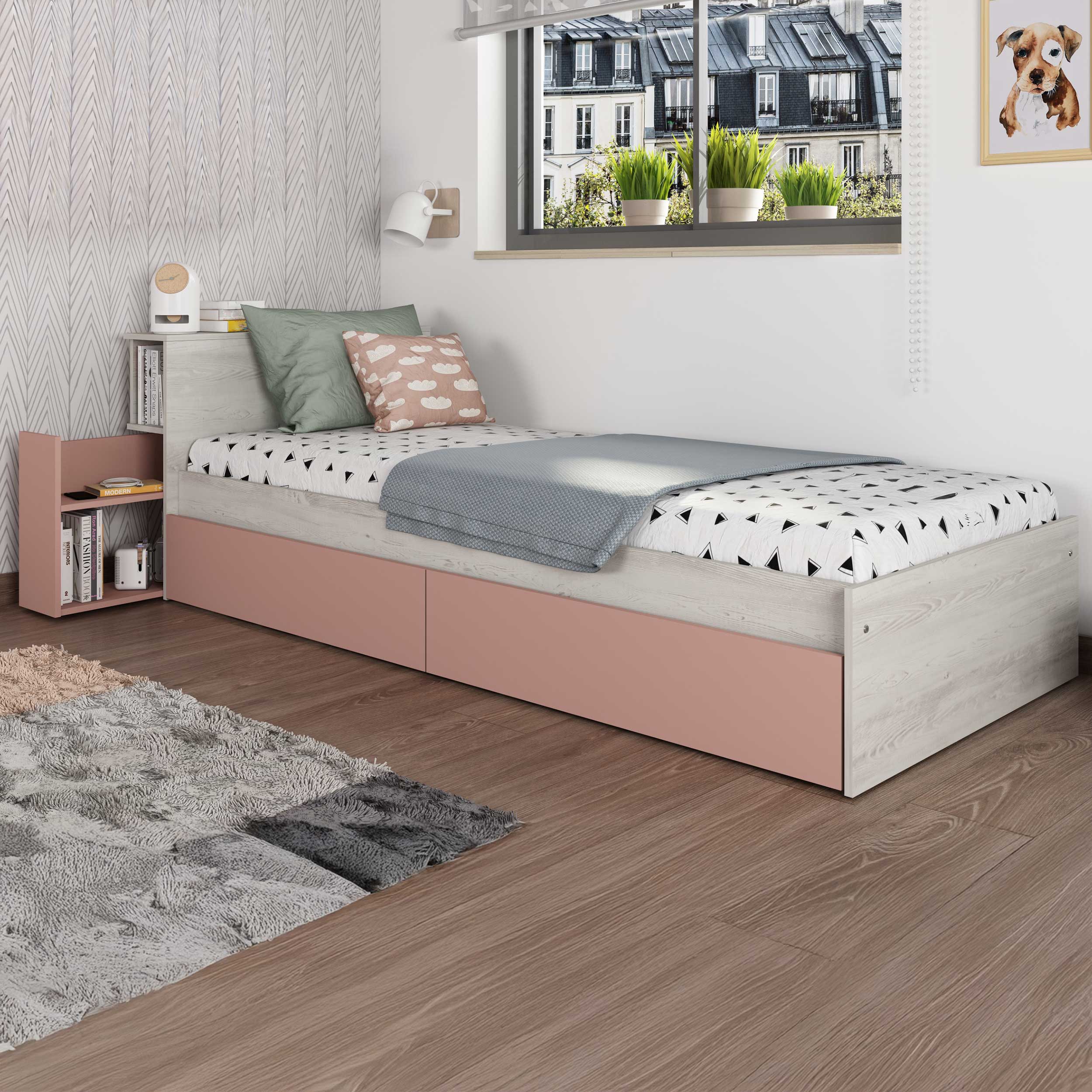 Lit simple Kazim 90x200 avec espaces de rangement - vieux rose