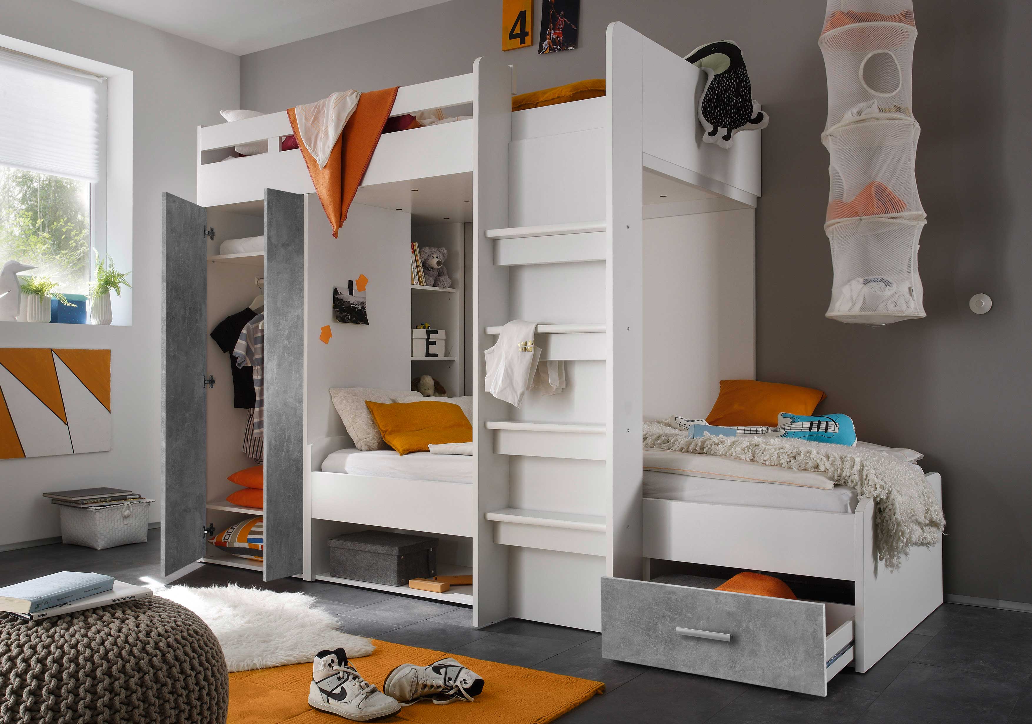 Lit superposé 90 x 200 avec armoire Lopes - béton/blanc - Image 3