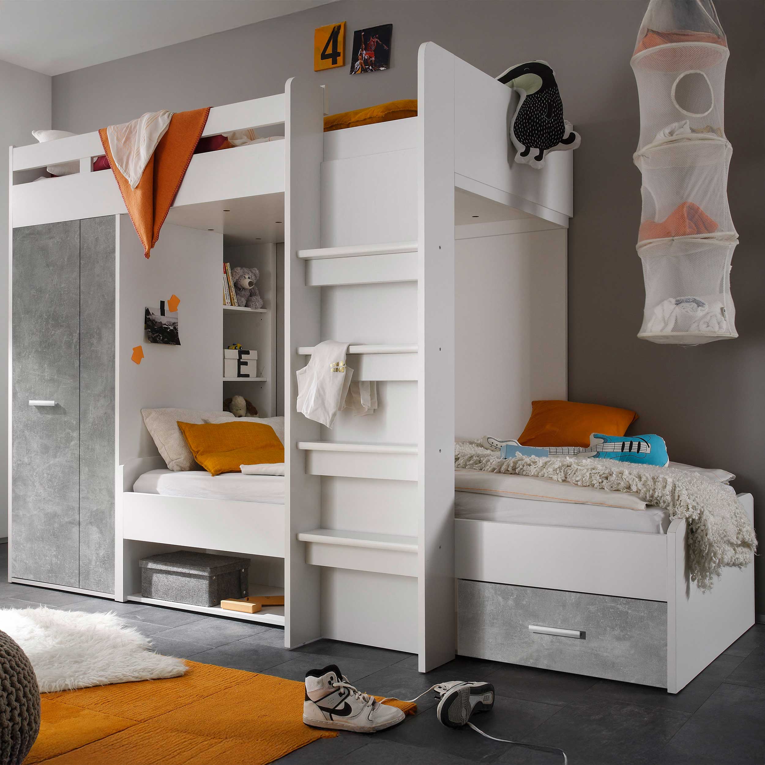 Lit superposé 90 x 200 avec armoire Lopes - béton/blanc