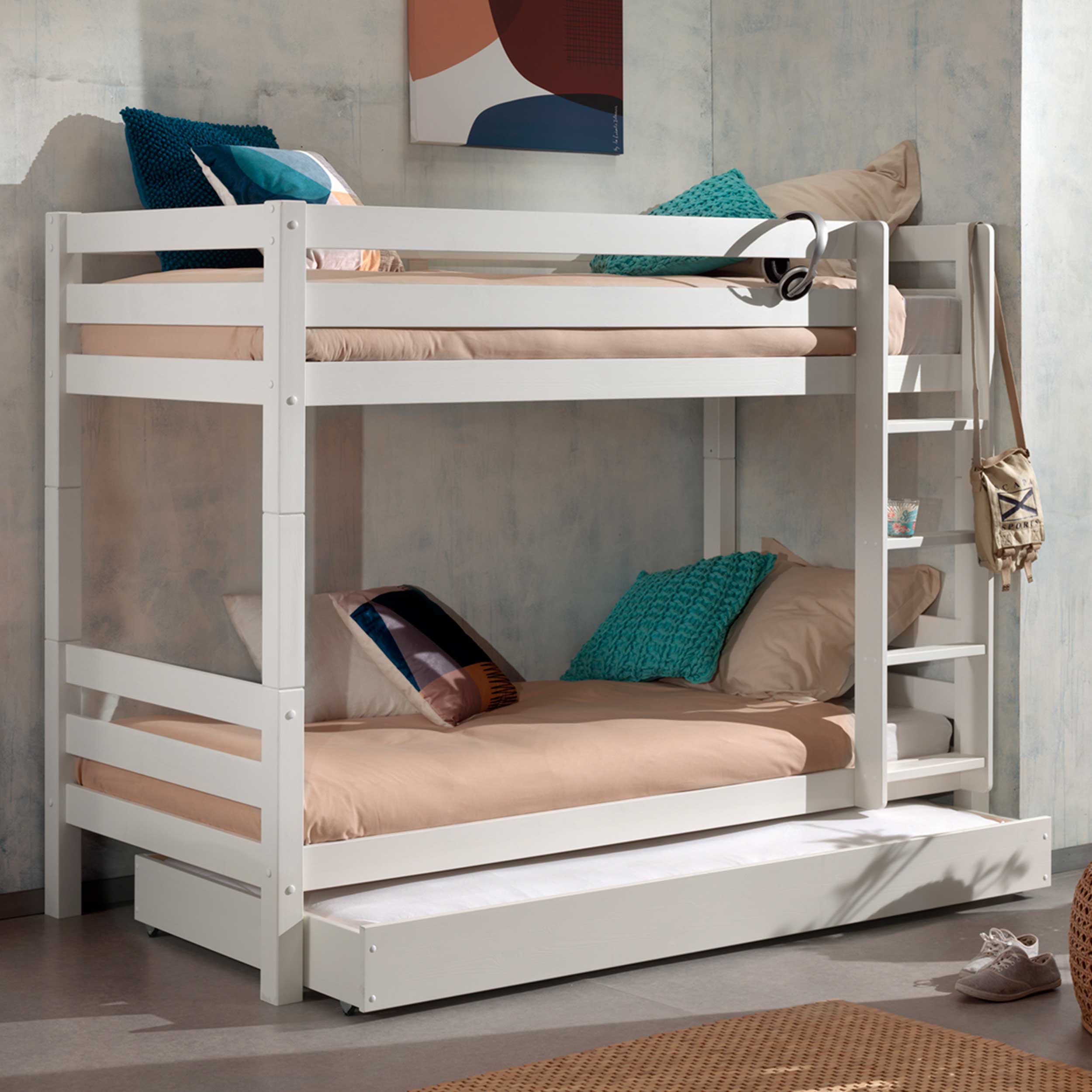 Lit superposé Claire 160cm avec lit gigogne - blanc