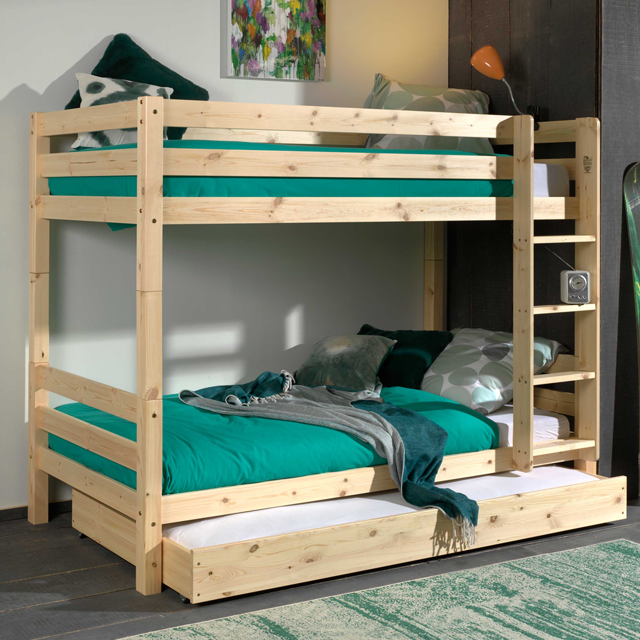 Lit superposé Claire 160cm avec lit gigogne - bois de pin