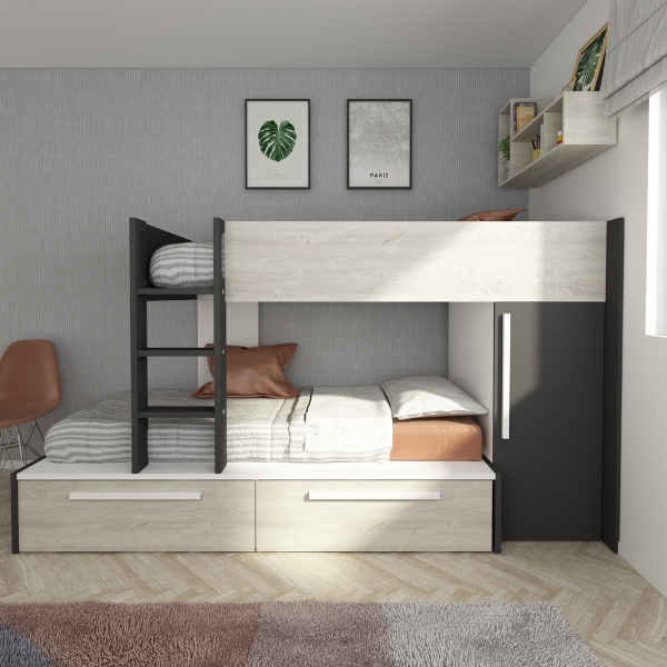 Lit superposé Fleur avec armoire et tiroirs - gris - Image 4