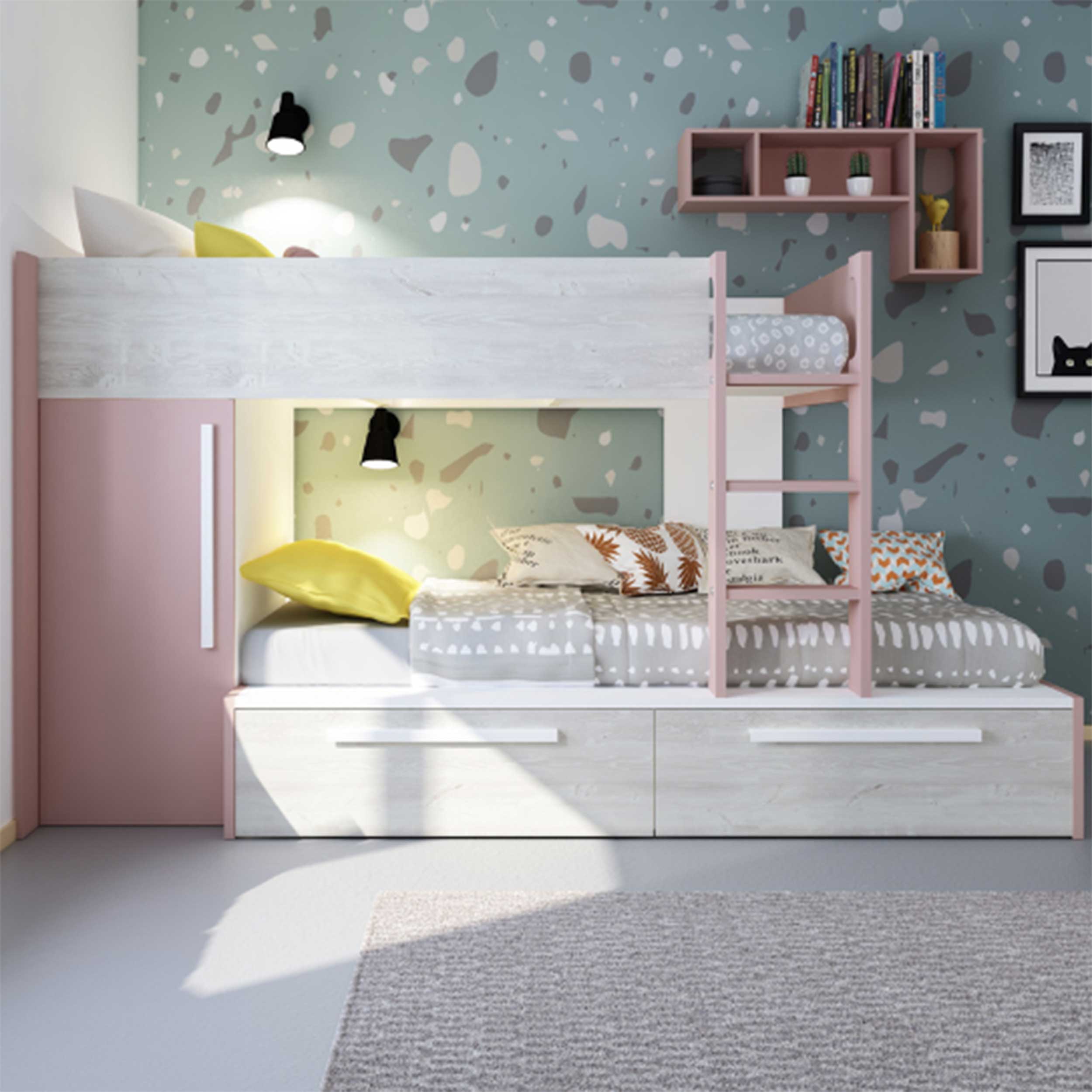 Lit superposé Fleur avec armoire et tiroirs - vieux rose