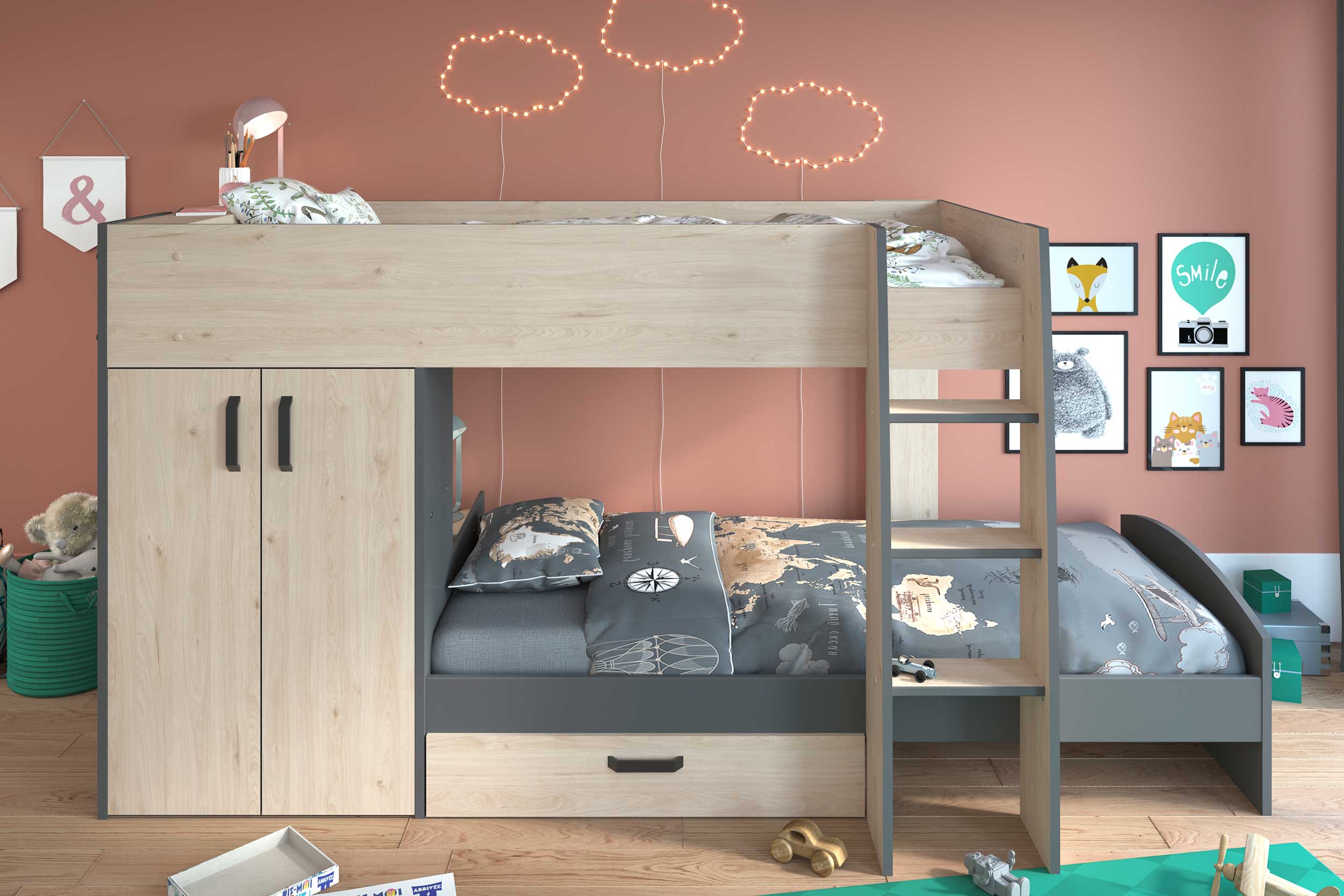 Lit superposé Mist avec armoire & tiroir - chêne/gris - Image 3