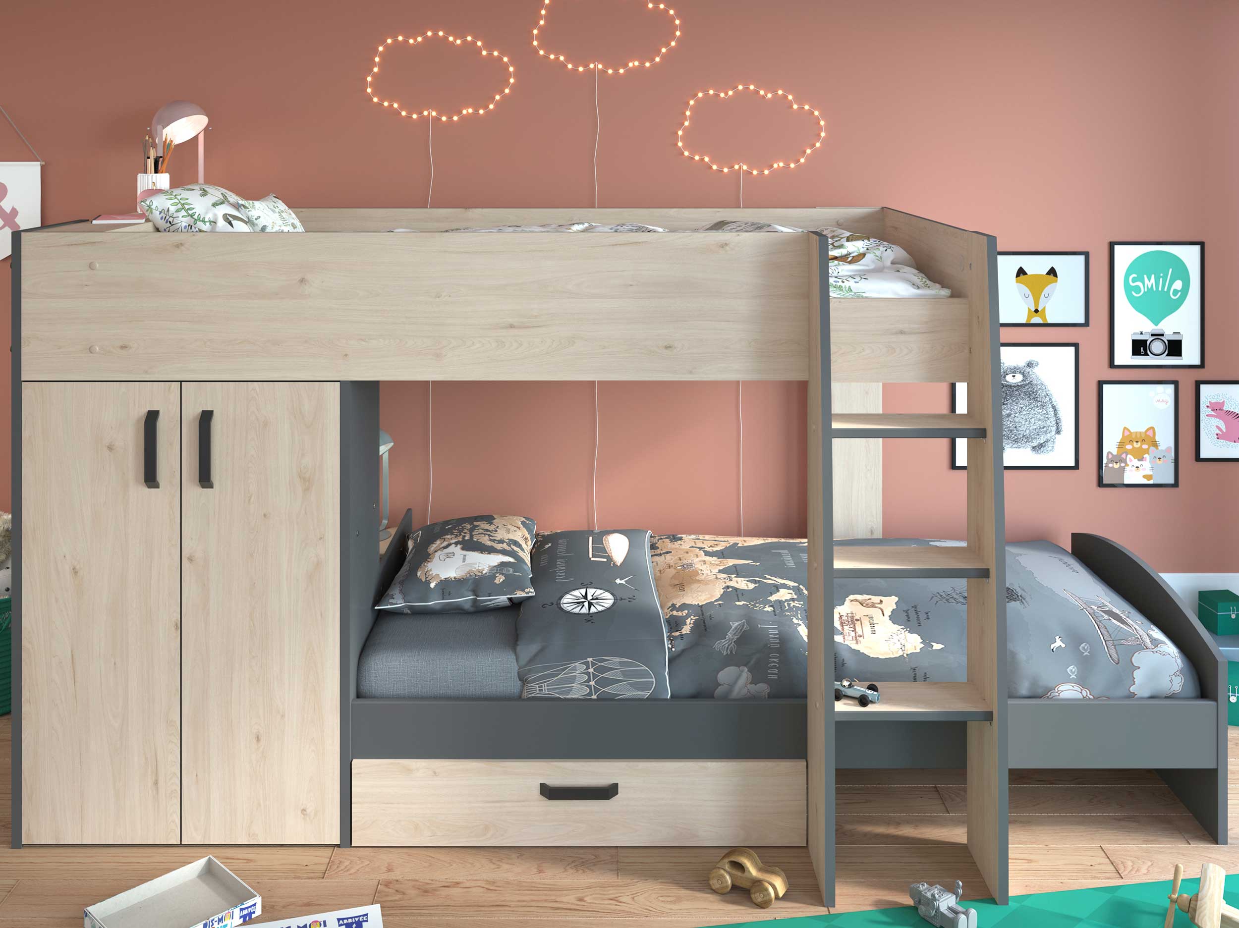 Lit superposé Mist avec armoire & tiroir - chêne/gris - Image 1
