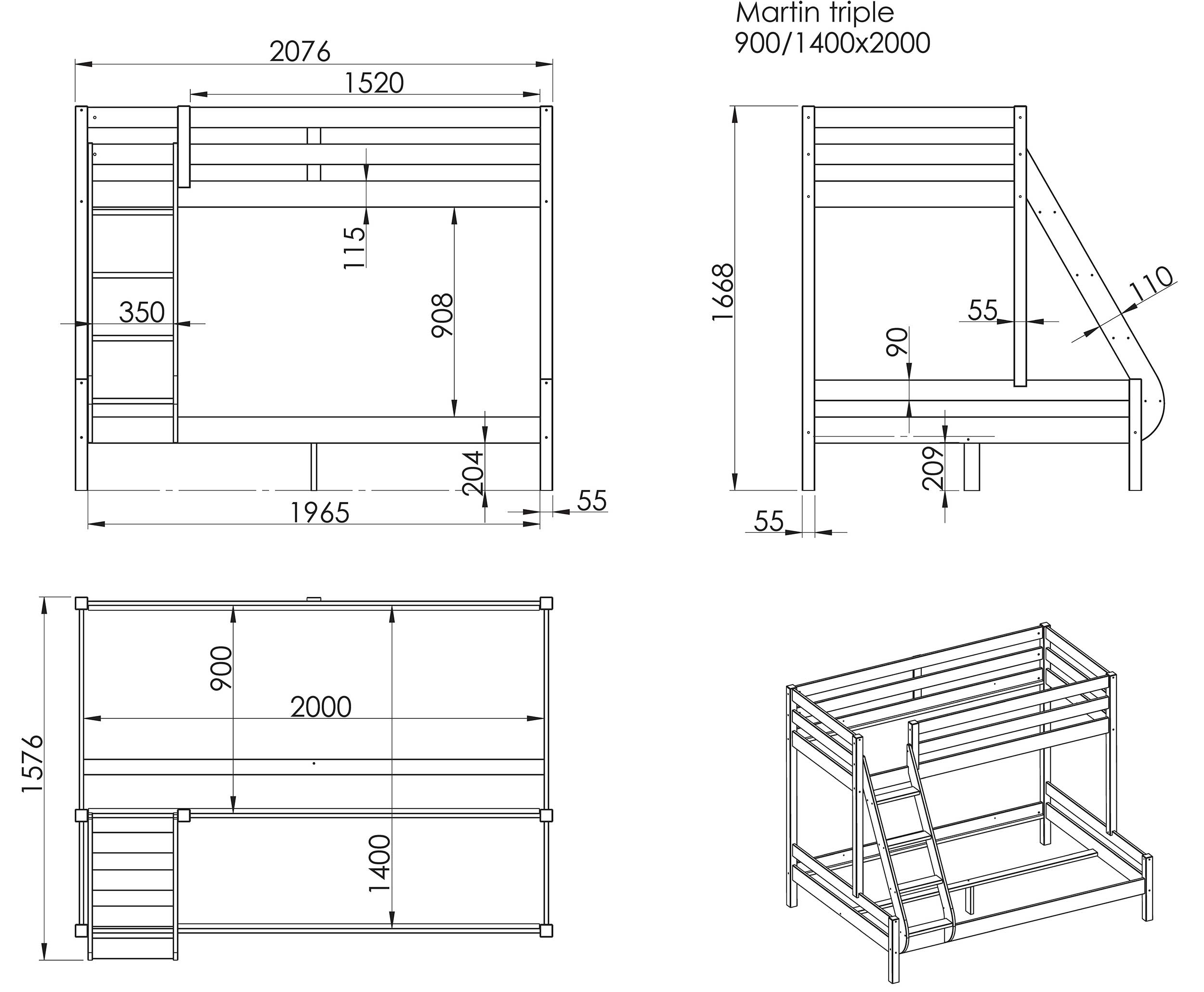 Lit superposé Triple pour 3 personnes en bois - gris - Image 2