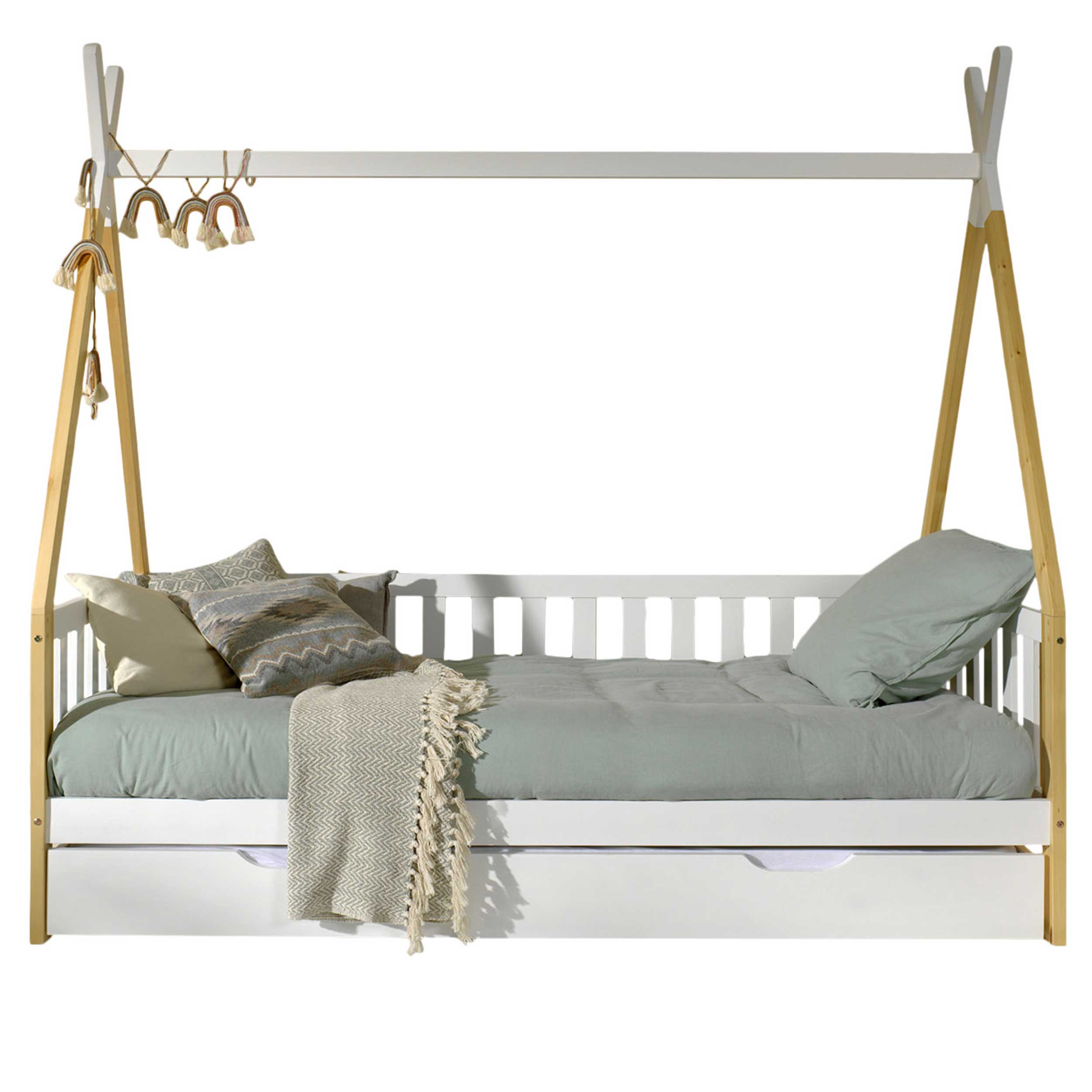 Lit tipi 90 x 200cm avec barrière et tiroir de lit bois de pin - blanc - Image 7