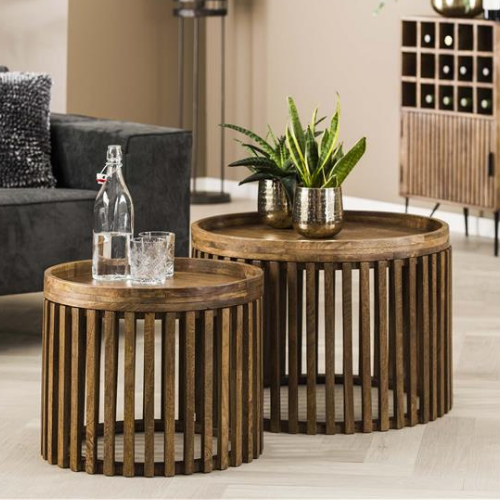 Lot de 2 tables basses rondes Goma avec espace de rangement-bois de mangue