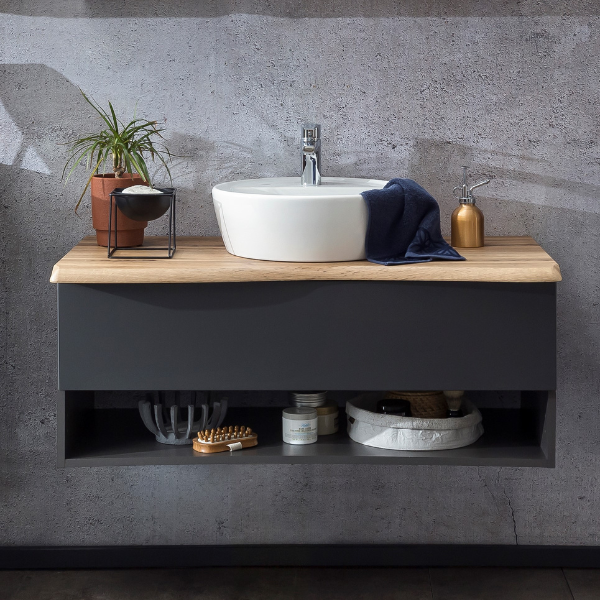 Meuble lavabo Karan 101cm avec lavabo et 1 tiroir - anthracite/chêne