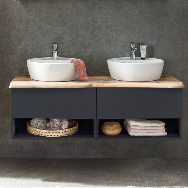 Meuble lavabo Karan 121cm avec deux bassins et 2 tiroirs - anthracite/chêne