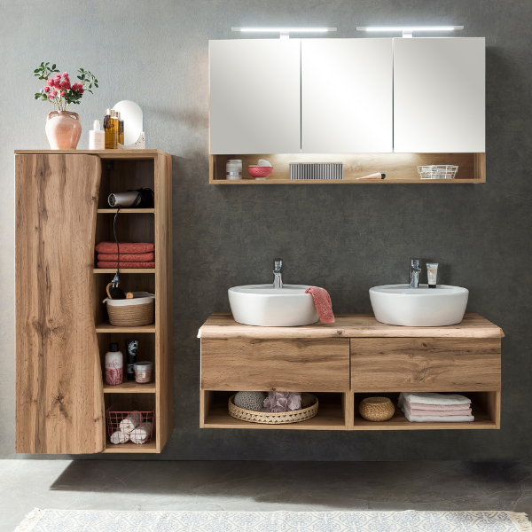 Meuble lavabo Karan 121cm avec deux bassins et 2 tiroirs - chêne - Image 2