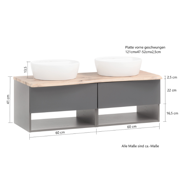 Meuble lavabo Karan 121cm avec deux bassins et 2 tiroirs - chêne - Image 3