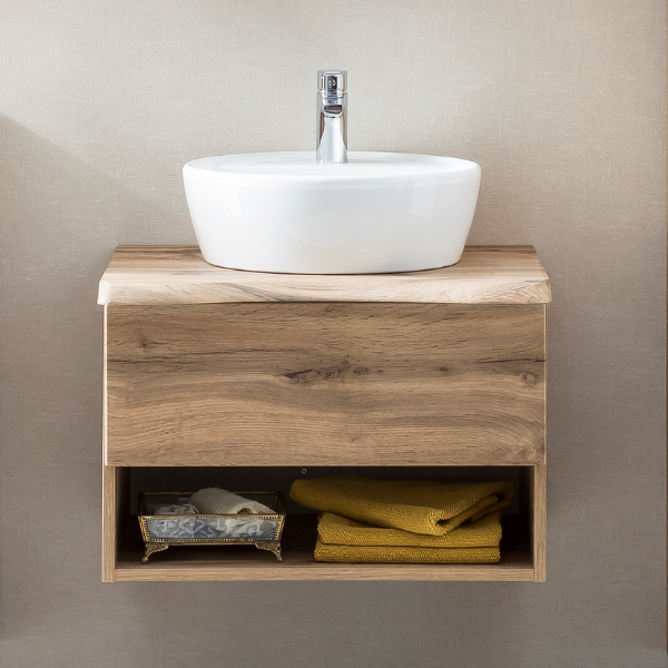 Meuble lavabo Karan 61cm avec lavabo et 1 tiroir - chêne