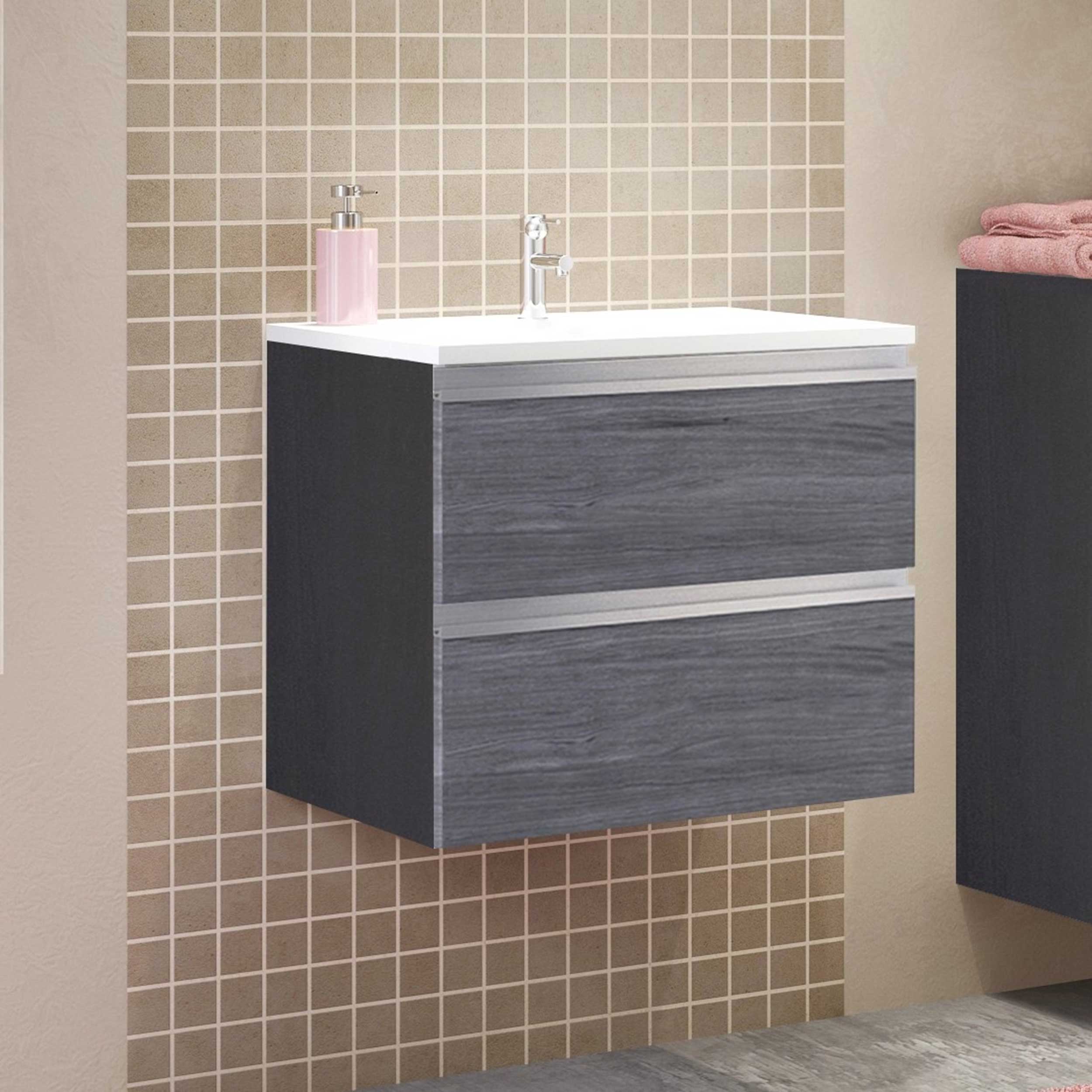 Meuble lavabo Lotuk L60xP48cm avec 2 tiroirs - chêne gris