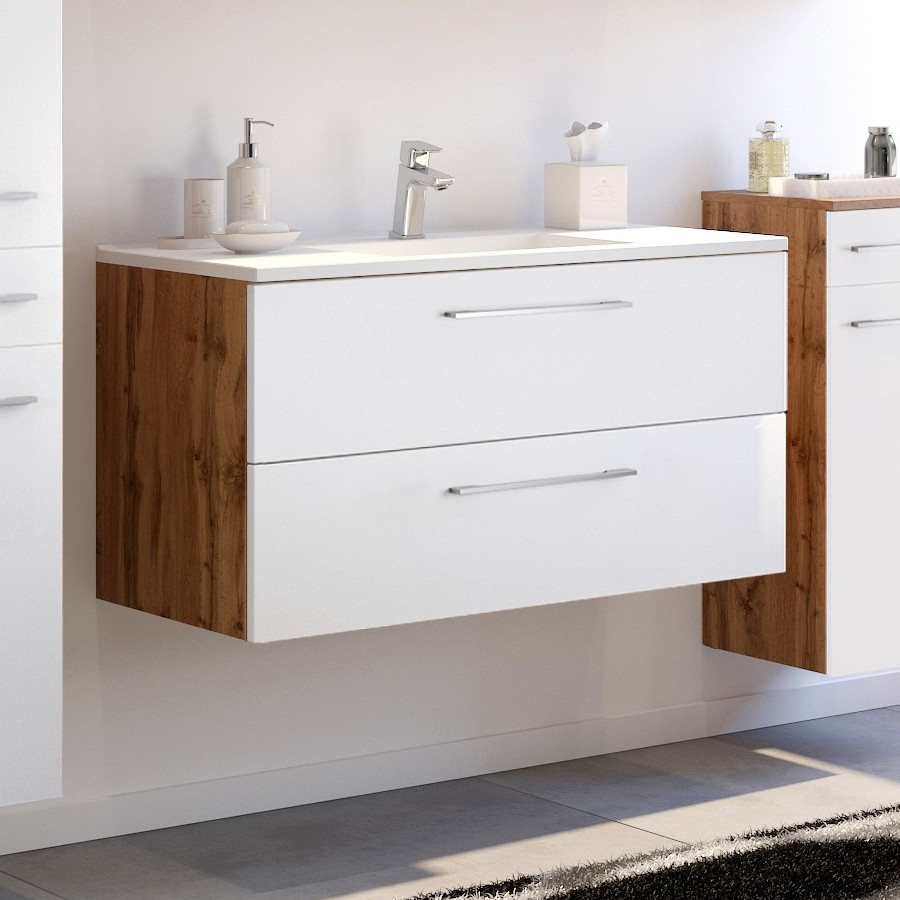 Meuble lavabo Sefa 100cm 2 tiroirs - chêne/blanc - Image 1