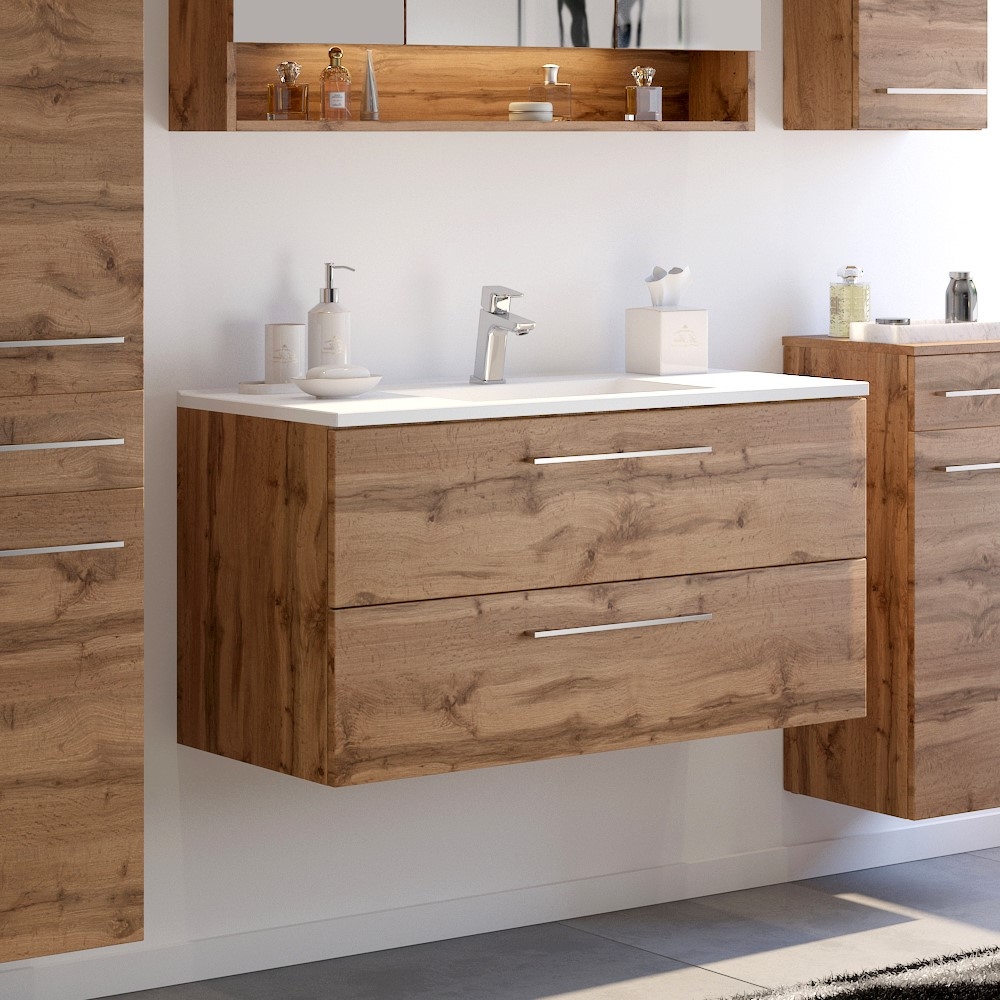 Meuble lavabo Sefa 100cm 2 tiroirs - chêne wotan