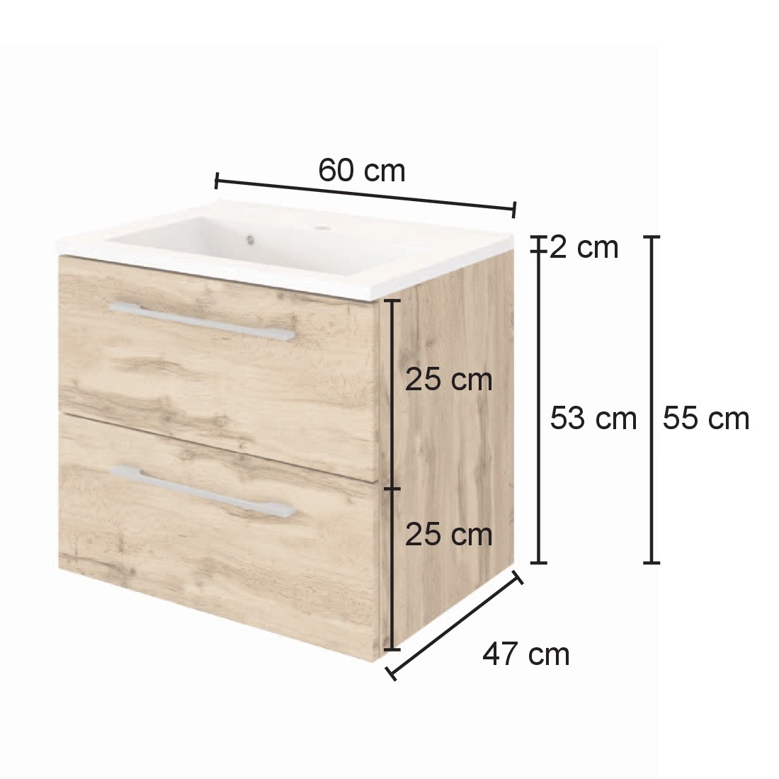 Meuble lavabo Sefa 60cm 2 tiroirs - chêne/blanc - Image 9