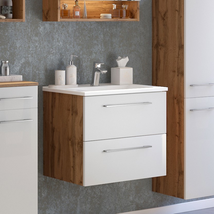 Meuble lavabo Sefa 60cm 2 tiroirs - chêne/blanc