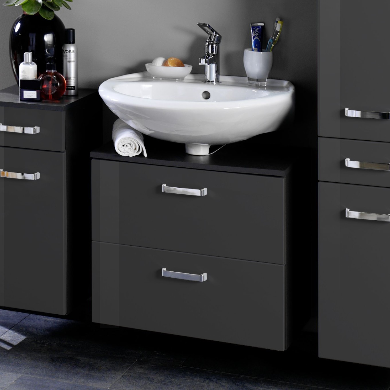 Meuble sous lavabo Bobbi 60cm 1 porte et 1 tiroir - graphite/gris brillant