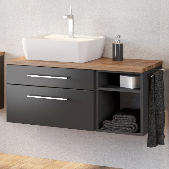 Meuble sous lavabo Dasa (gauche) 90cm à 2 tiroirs - graphite/gris mat - Image 1