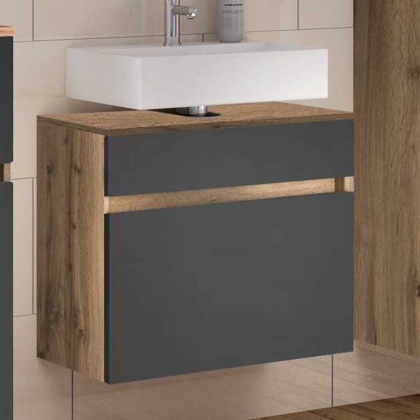 Meuble sous lavabo Luna 60cm 1 tiroir - chêne/gris - Image 1