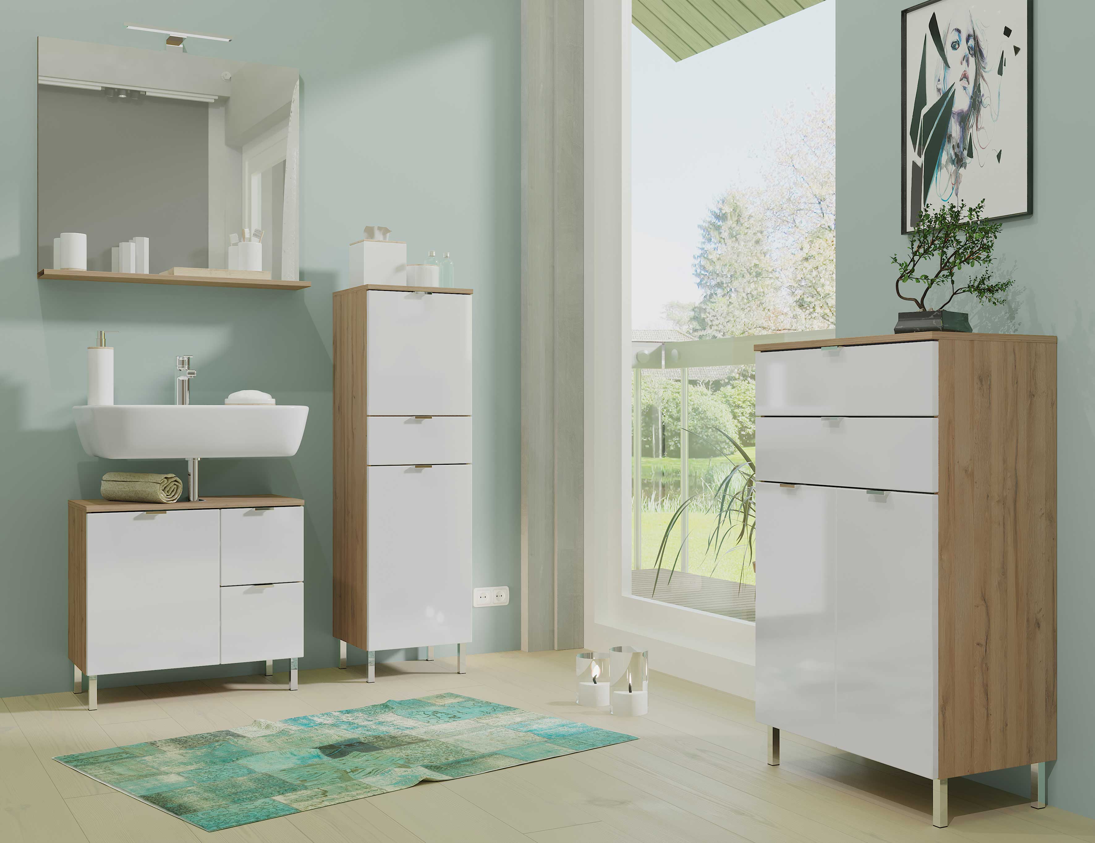 Meuble sous lavabo Mauro 60cm avec porte & 2 tiroirs - chêne/blanc - Image 7