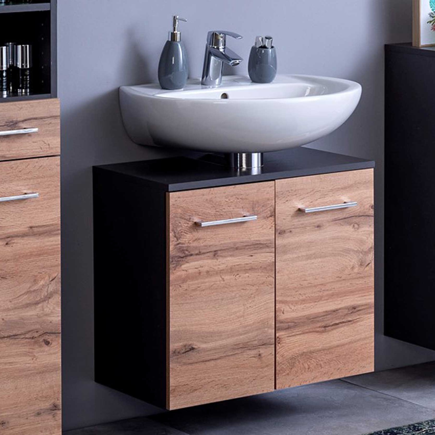 Meuble sous lavabo Pares 60cm 2 tiroirs - graphite/chêne wotan - Image 1