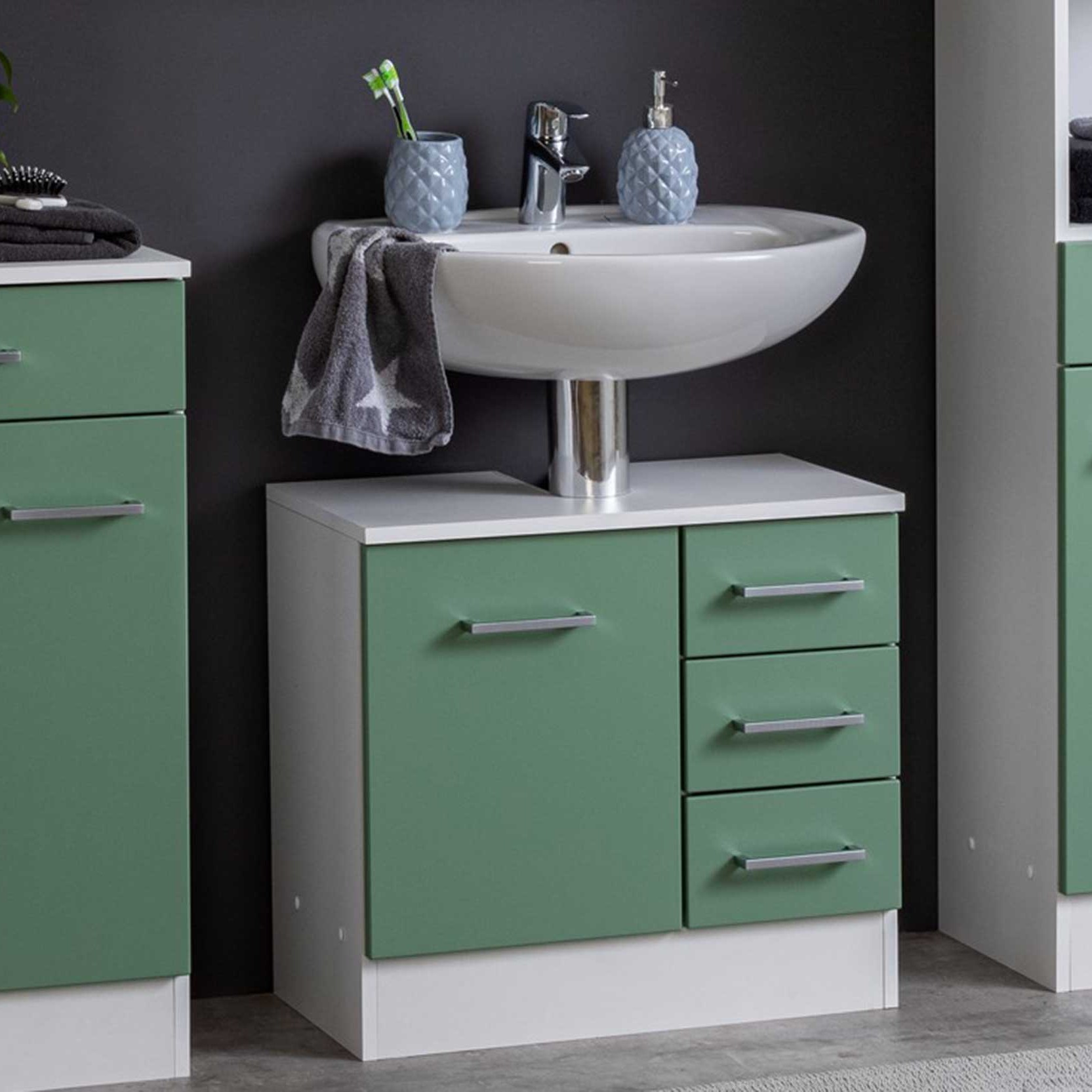 Meuble sous lavabo Ricca 60cm 1 porte & 3 tiroirs - blanc/vert - Image 1