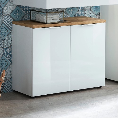 Meuble sous lavabo Sepp avec 2 portes - blanc/chêne