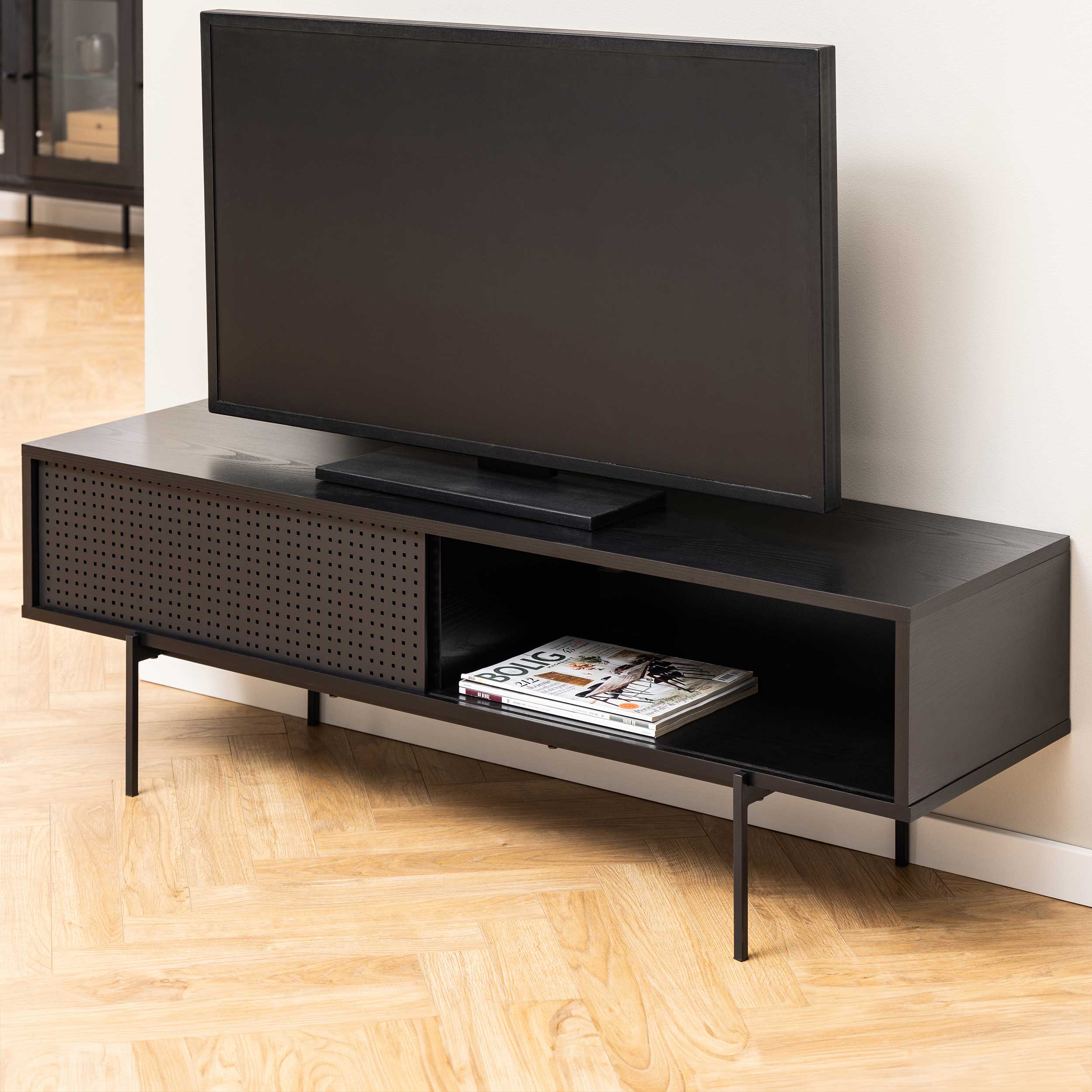 Meuble TV Angus 140 cm avec porte coulissante - noir