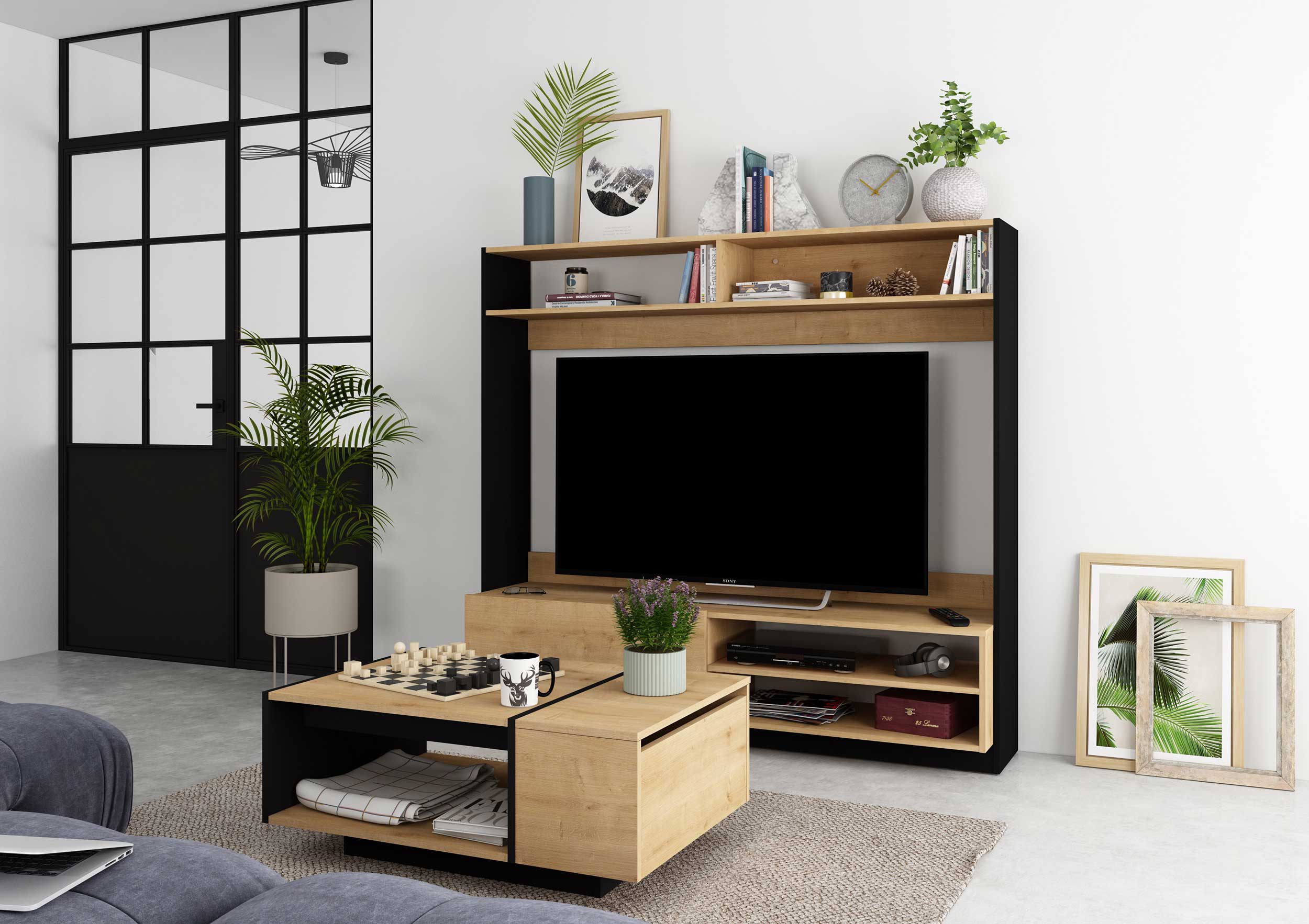 Meuble TV Daphne 163cm avec porte pliante - chêne/noir - Image 2