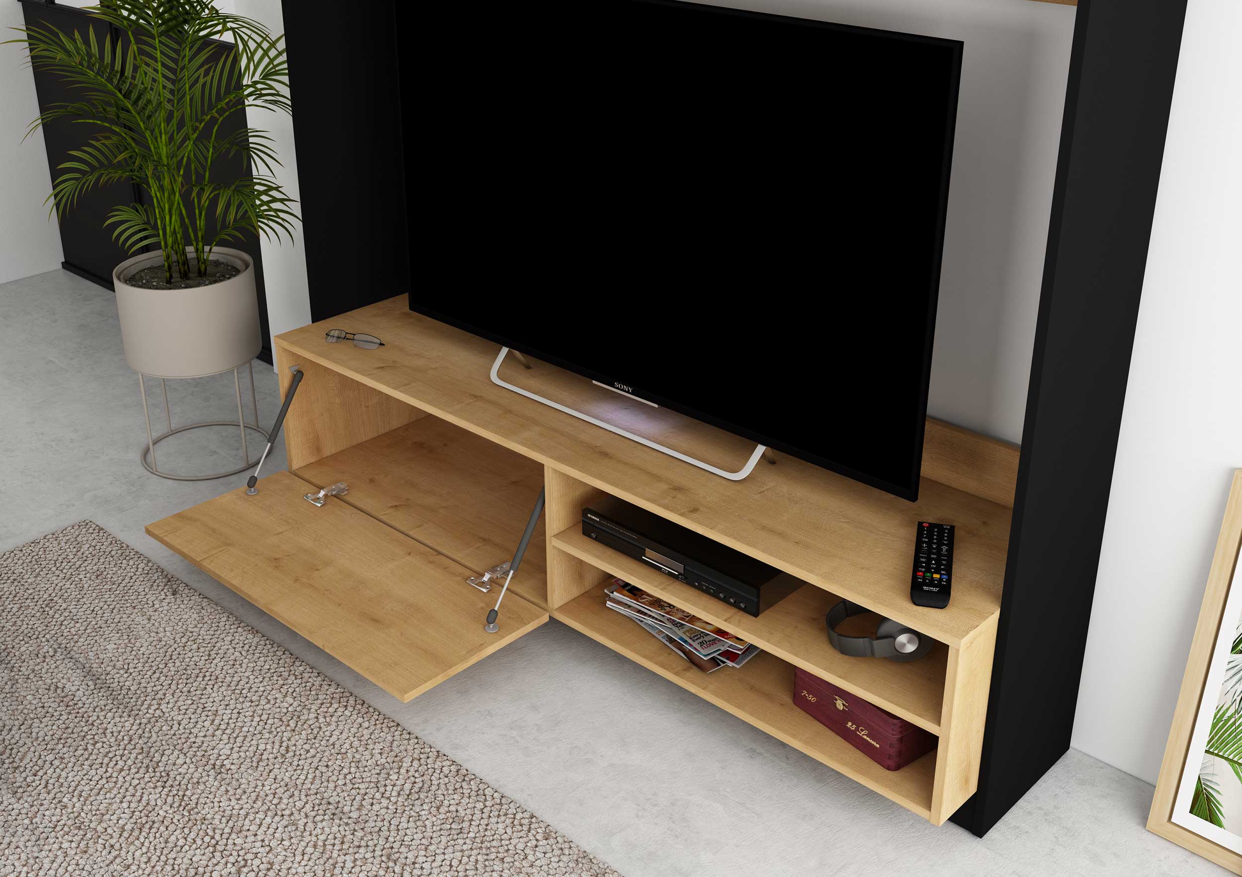 Meuble TV Daphne 163cm avec porte pliante - chêne/noir - Image 7