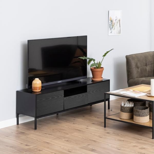 Meuble TV Dover 140cm 2 portes 1 tiroir - noir/chêne sauvage