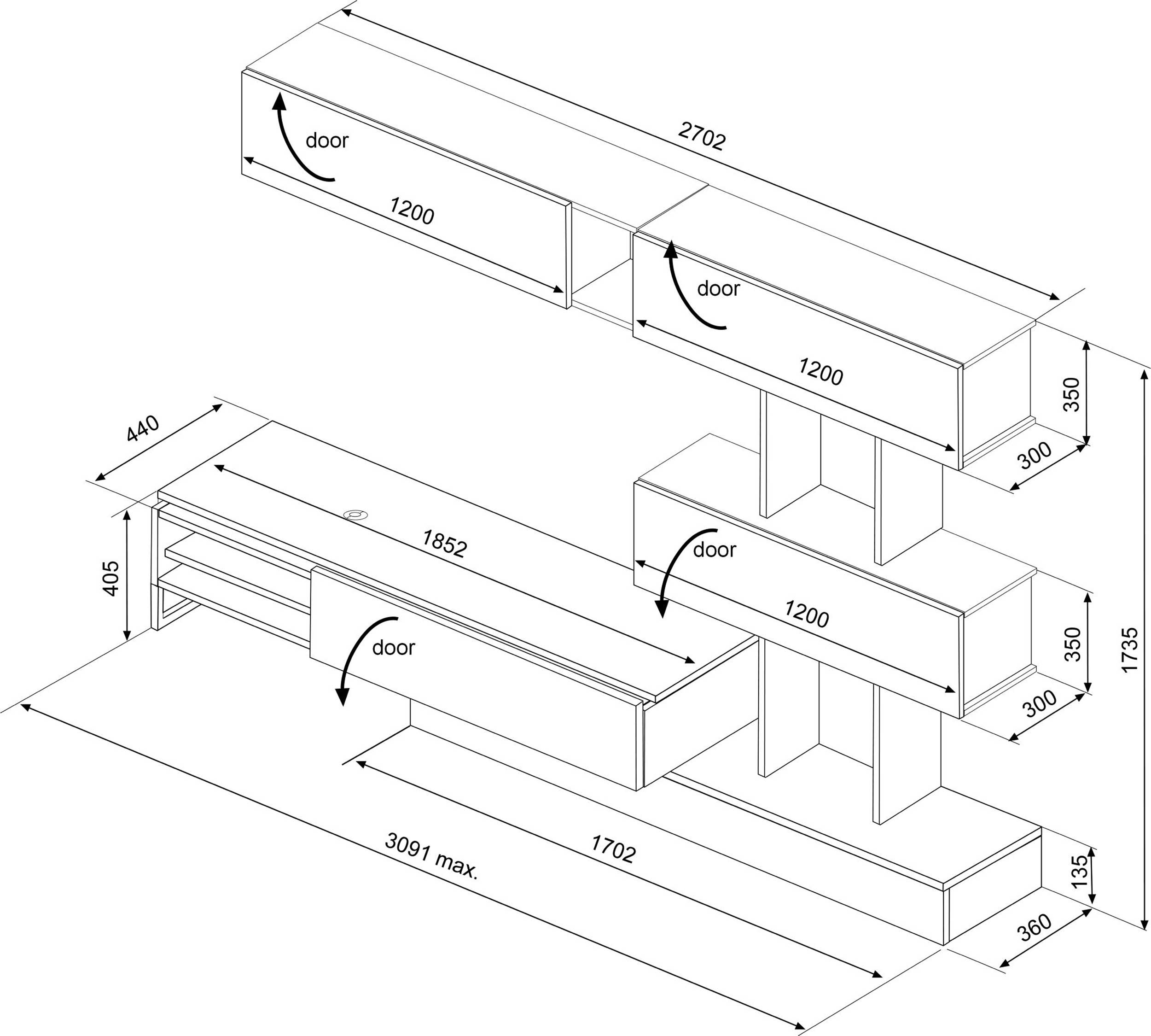 Meuble TV Judith 270cm 4 portes - gris/ décor en chêne - Image 7
