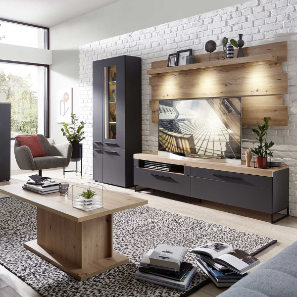 Meuble TV Lorna 1 tiroir & 1 porte pliante - anthracite/chêne - Image 2