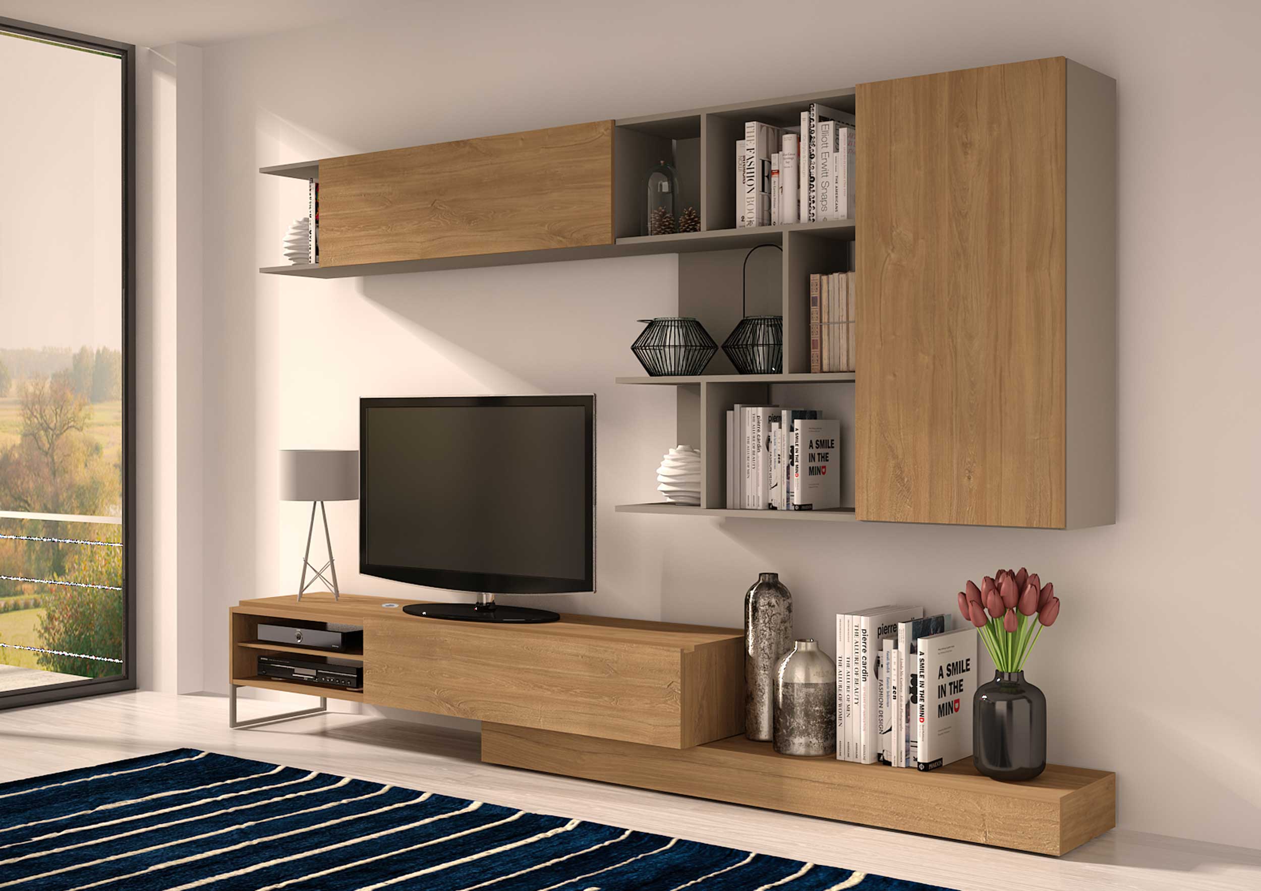 Meuble TV Pim 272cm 3 portes - gris/ décor en chêne - Image 4
