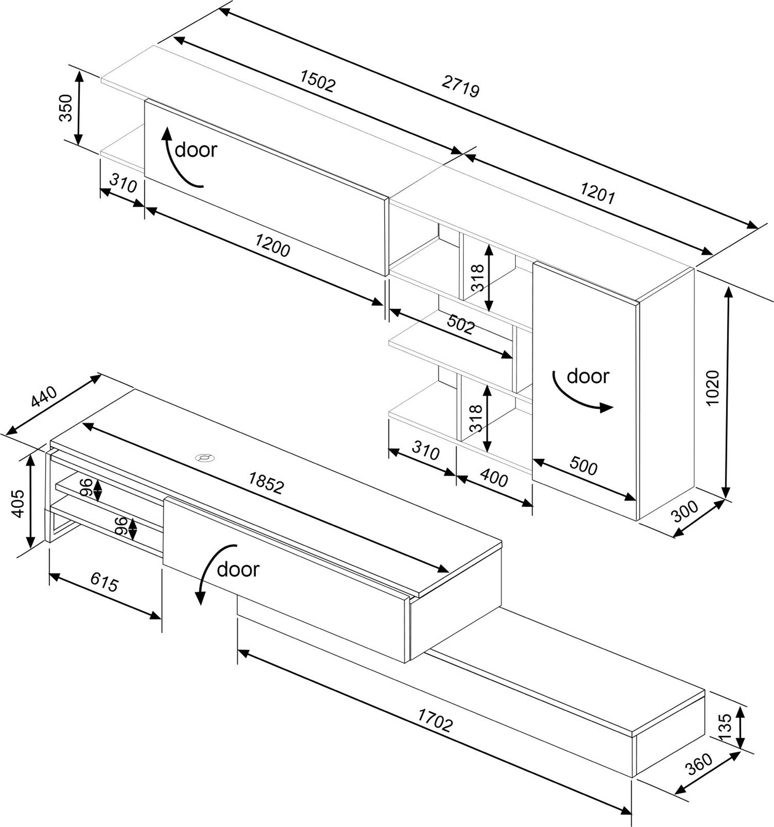 Meuble TV Pim 272cm 3 portes - gris/ décor en chêne - Image 8