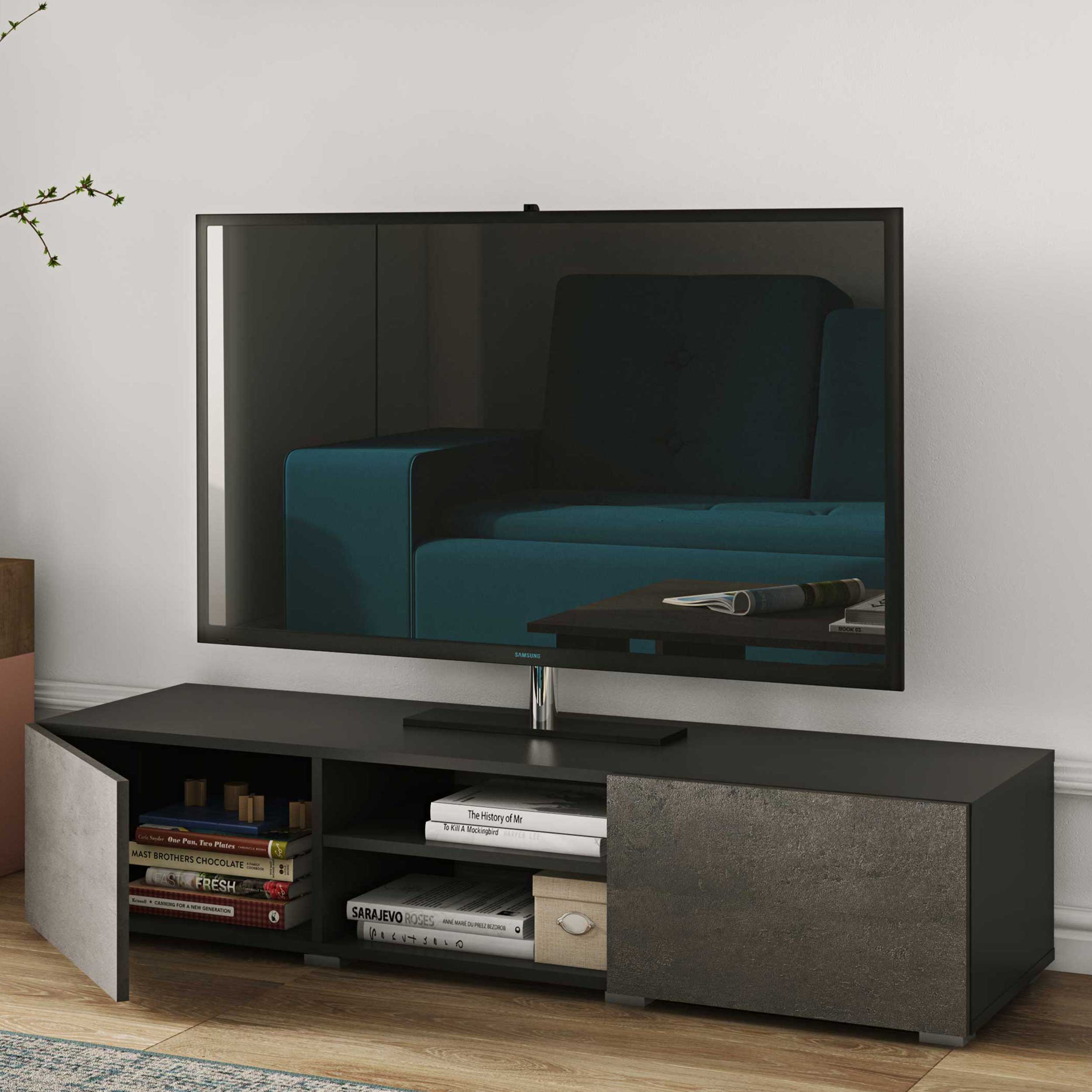 Meuble TV Podium 140 cm - noir/béton - Image 1