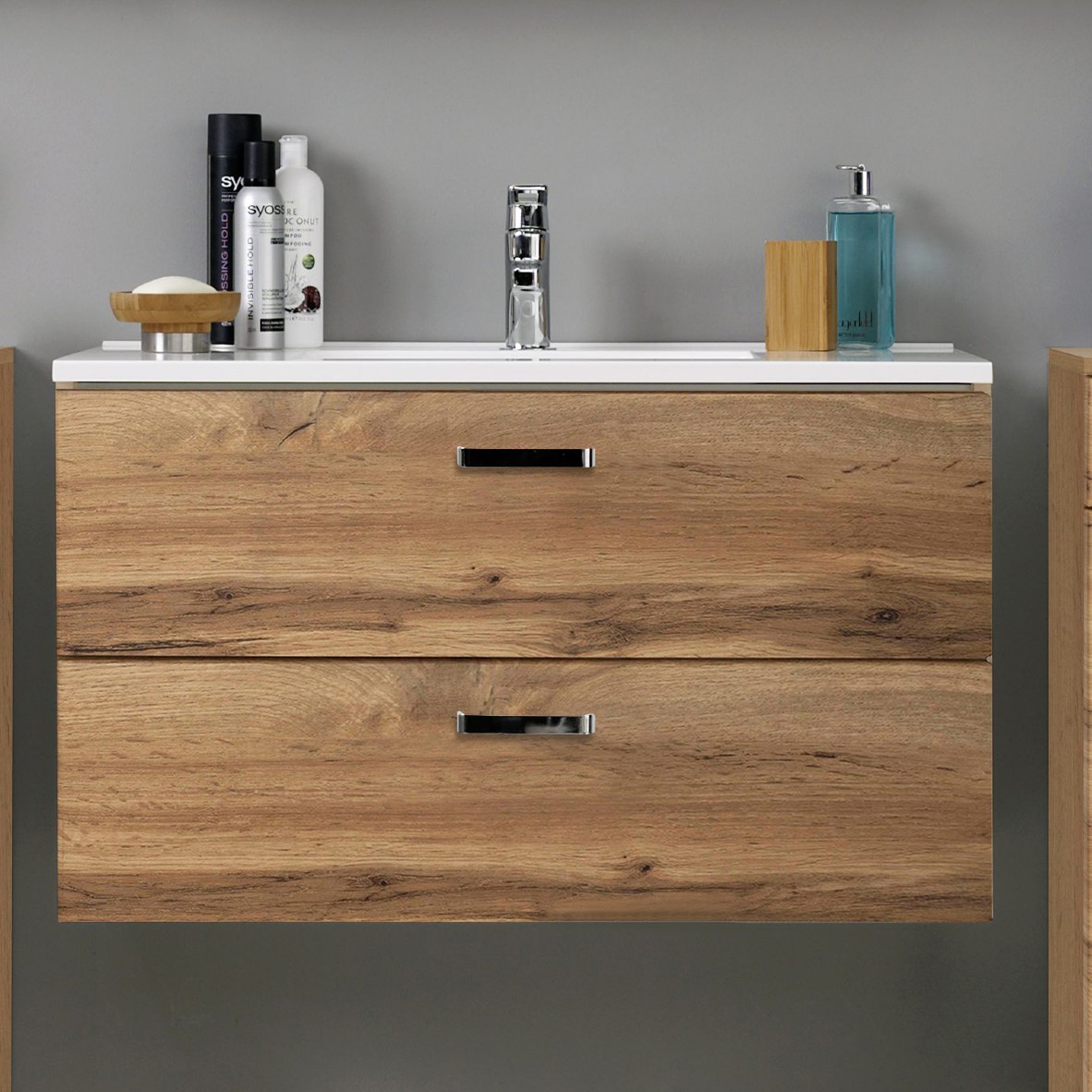 Meuble vasque Bobbi 100cm 2 tiroirs - chêne