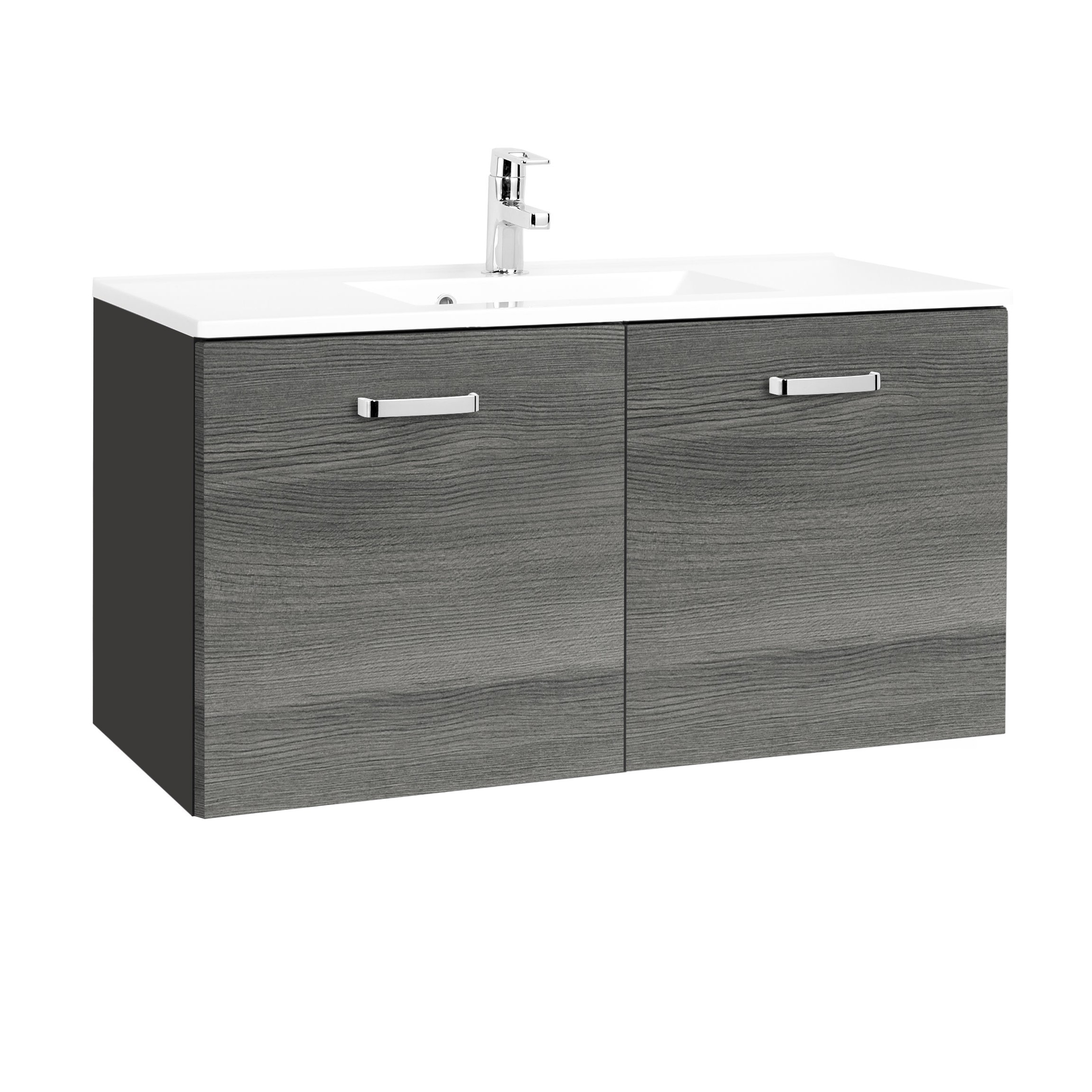 Meuble vasque Bobbi 100cm avec 2 portes et vasque céramique - graphite/chêne gris - Image 1