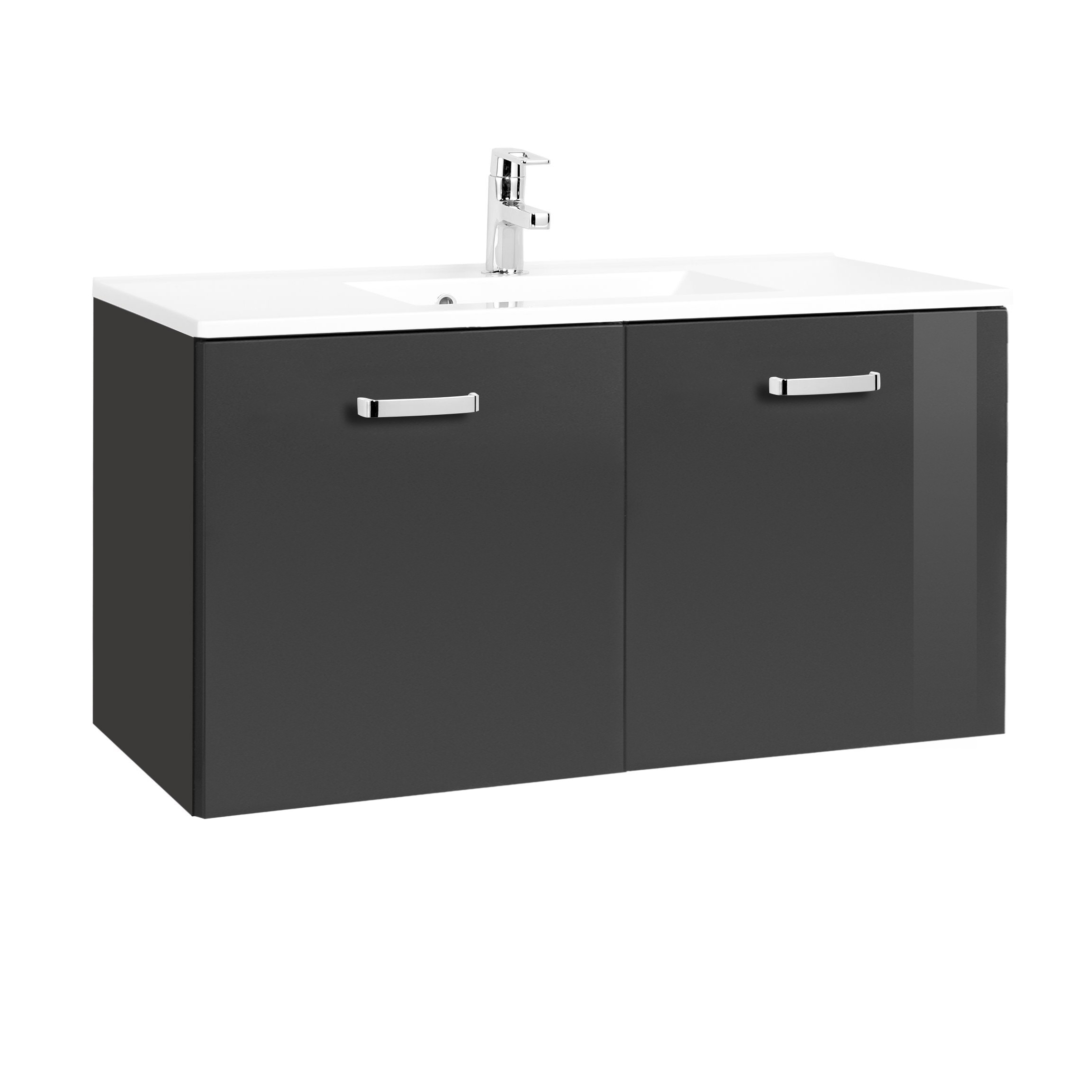 Meuble vasque Bobbi 100cm avec 2 portes et vasque céramique - graphite/gris brillant